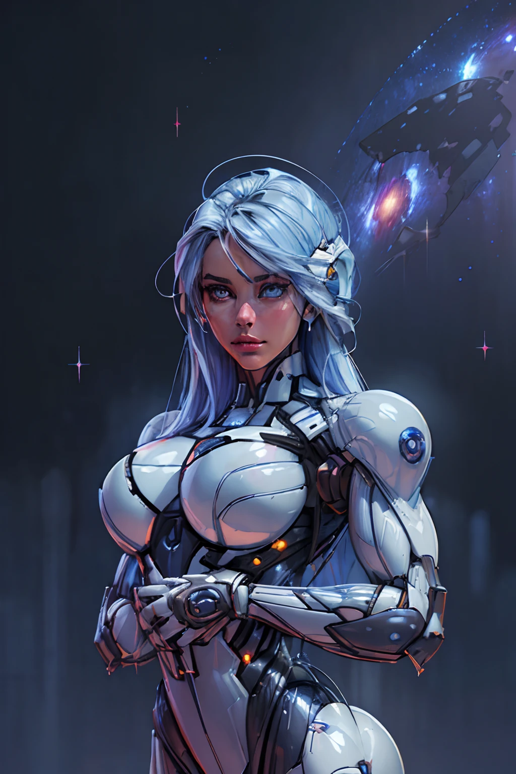 RAW, 1girl, colorful, ((white matte armor, blue lights )), (masterpiece, best quality), (wired hair:1.5) (detailed skin:1.3, detailed face:1.3), dslr, realistic, (((seductive pose, detailed galaxy landscape))), delicate, soft colors, cinematic lighting