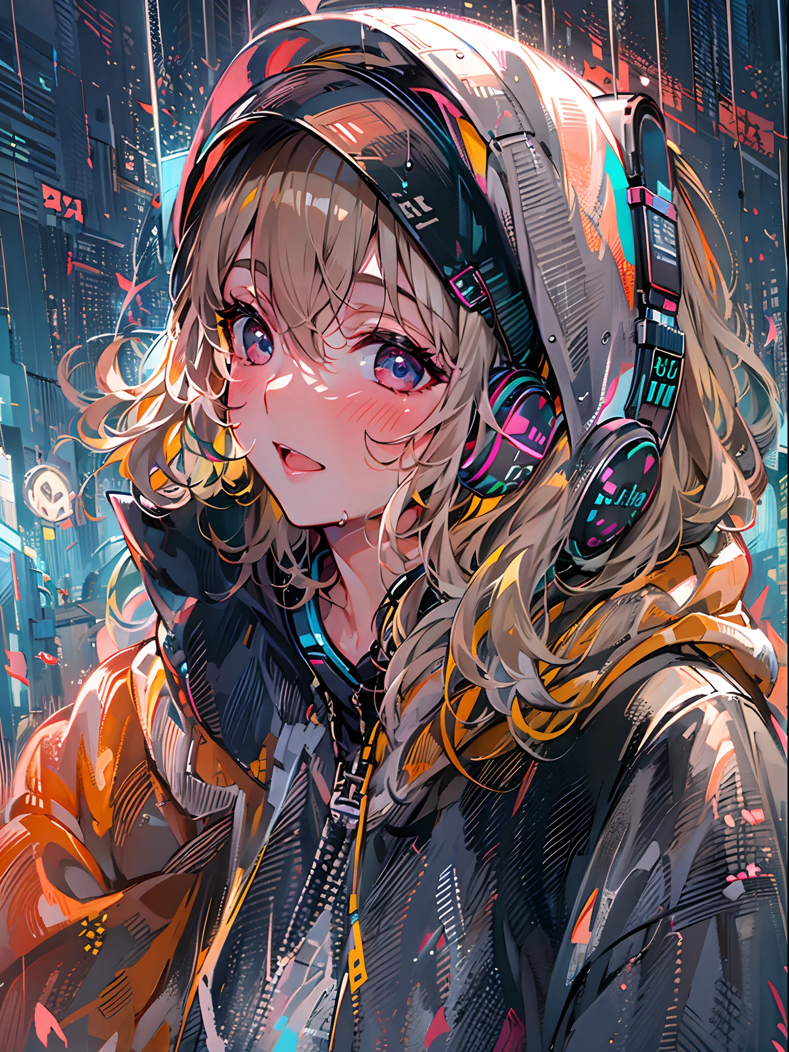 8K分辨率、((top-quality))、((masterpiece))、((ultra-detailliert))、1 woman、独奏、incredibly absurdness、Oversized hoodies、headphones、Street、plein air、Rain at night、neons、Shortcut Hair、Brightly colored eyes、Hands in pockets、shortpants、water dripping、red hairs、Bob Hair