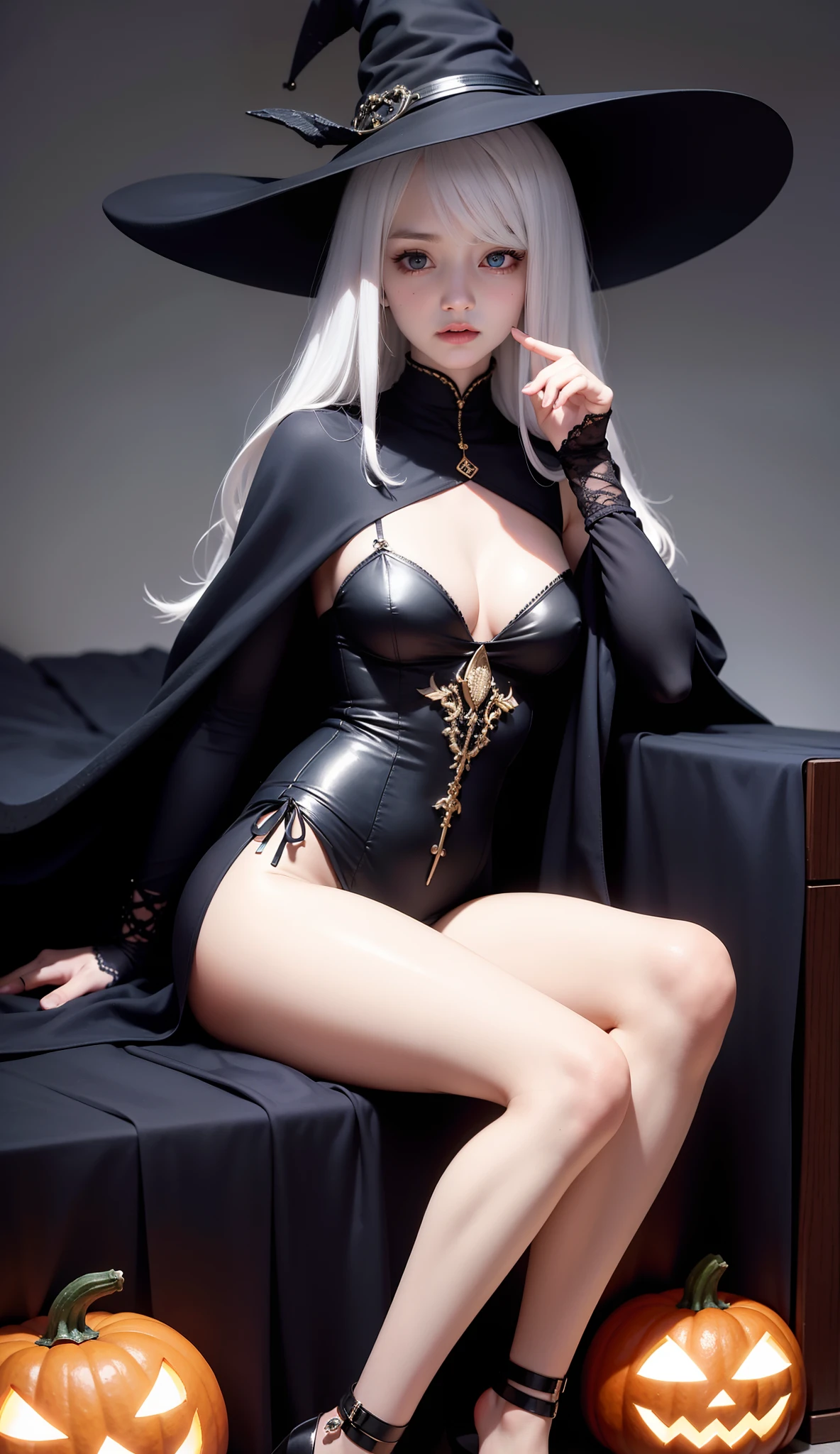 （tmasterpiece）， （best qualtiy）， Forcing Allah righteousness， photorealestic， ultra - detailed， 8K分辨率， （1girll）， 独奏， beuaty girl， White hair， sorceress woman， Front light， cinematric light， cold light， deep dark background， Witch hat， inside in room， mistic， fanciful， pumkin，Bigchest，Full body like，Slim legs，Cover your body，Cover chest，Sitting down，Casual pose，Spooky forest。