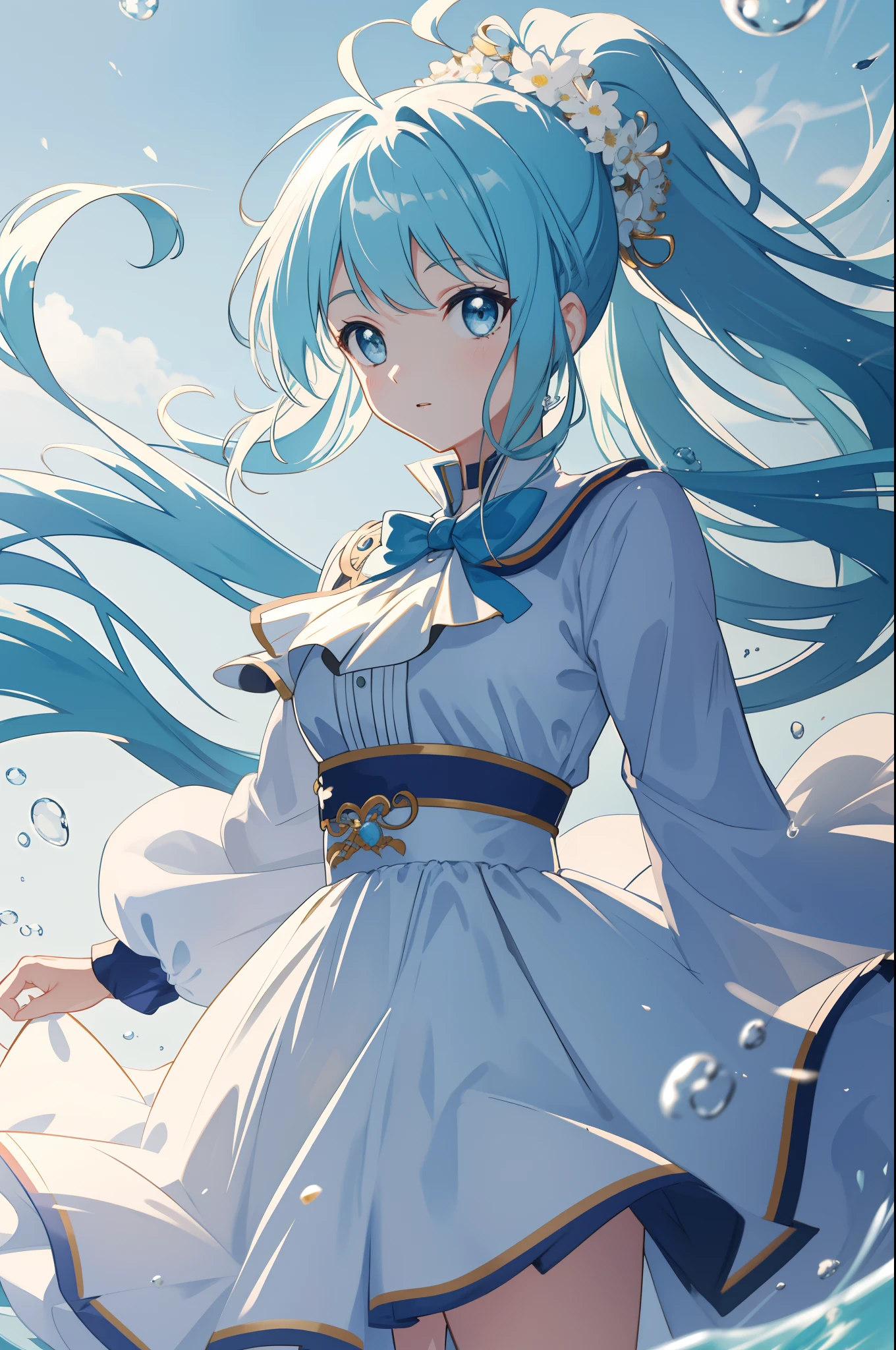 (masterpiece), (best quality), (ultra detailed),(disheveled hair),(illustration), (1girl), (Fashionable clothing), standing, Fashion model, looking at viewer, (interview), (simple background),beautiful detailed eyes, delicate beautiful face, Floating,(high saturation),(colorful splashes),colorful bubble,(shining), focus on face, ponytail, kamisato ayaka, light blue hair, bangs, hair ring, floating flowers, floating hairs, (shining), best lighting, best shadow,