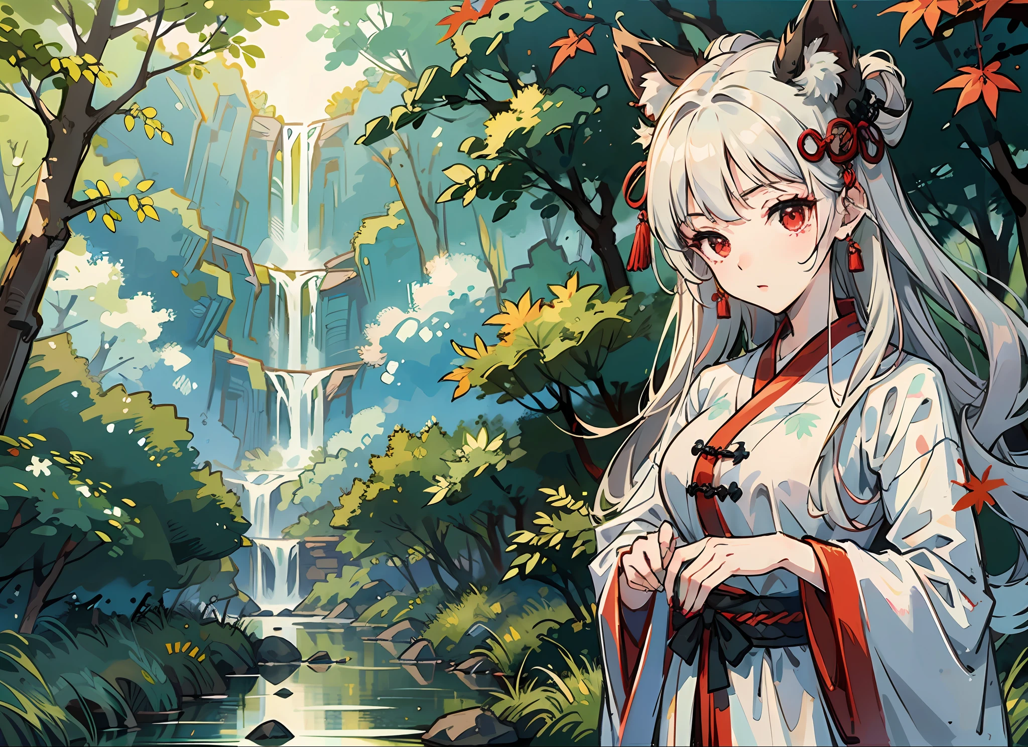 anime big breast,tmasterpiece,whaite hair,long whitr hair,Wearing a Taoist robe,Light wind,the trees,small stream,mountain path ,Maplewood,Maple leaves,red - eyed