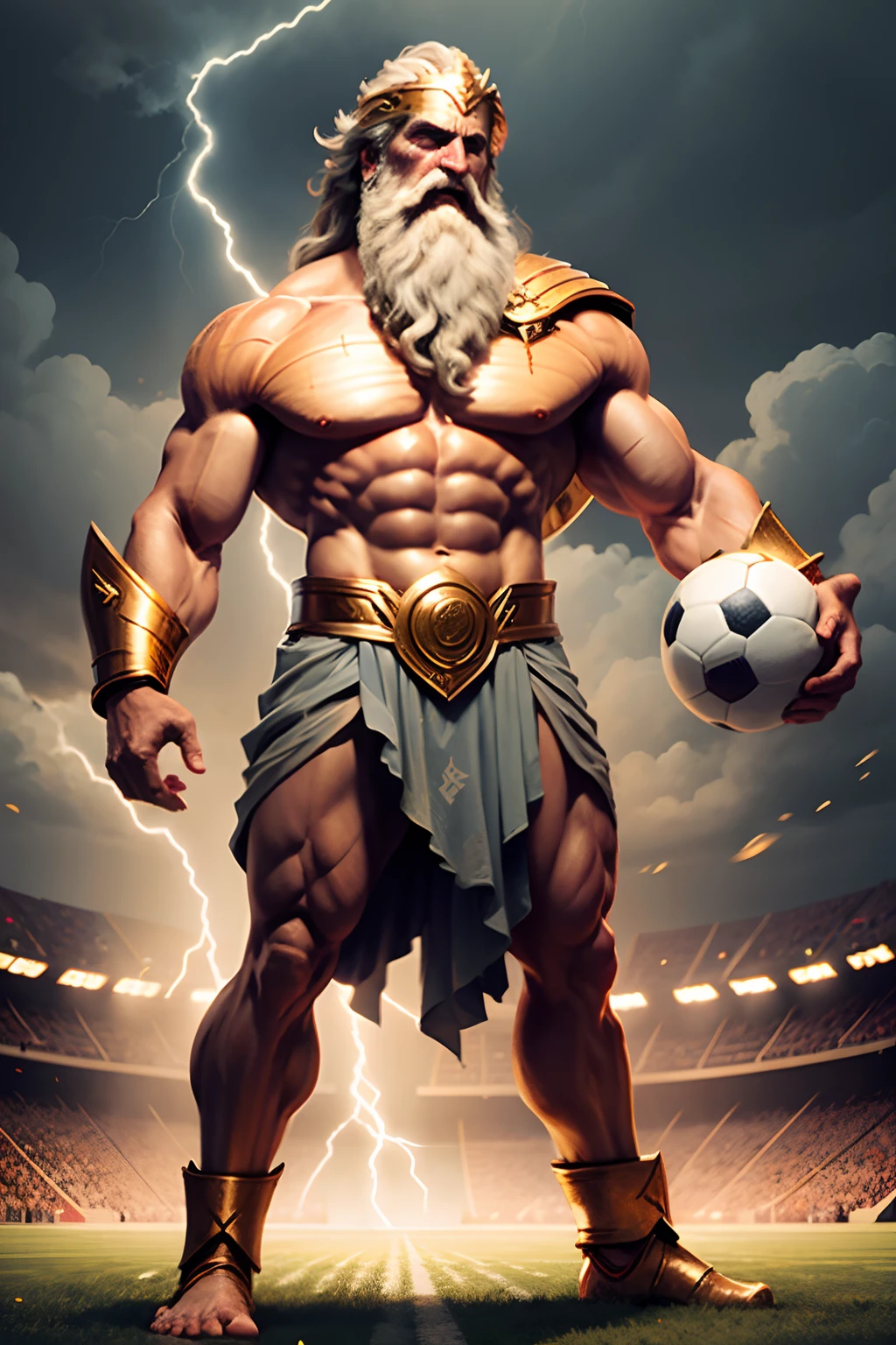 Zeus standing on a football field filled with thunder and lightning with a soccer ball,Zeus God of Greece on a football field
