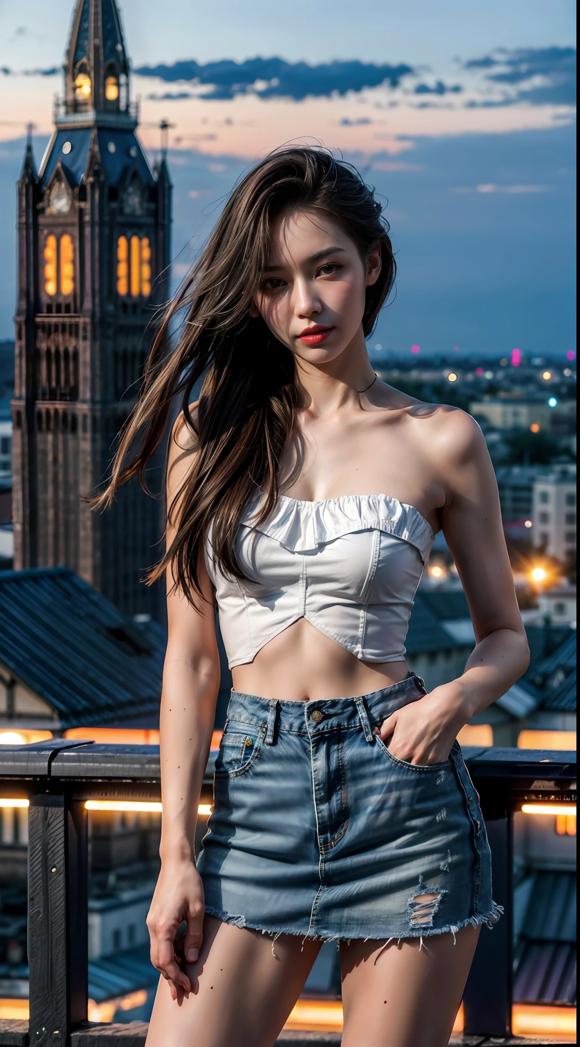 (1girll), Russian, Solo, Long_Hair, Wearing(Denim strapless shirt, White miniskirt), Photo(Medium Shot Shot), Portrait, standing, angle of view, Blurry_Background, Background(Night, Tower, Rooftop, nightlight), (Photorealistic, absurderes, Best_quality:1.55),