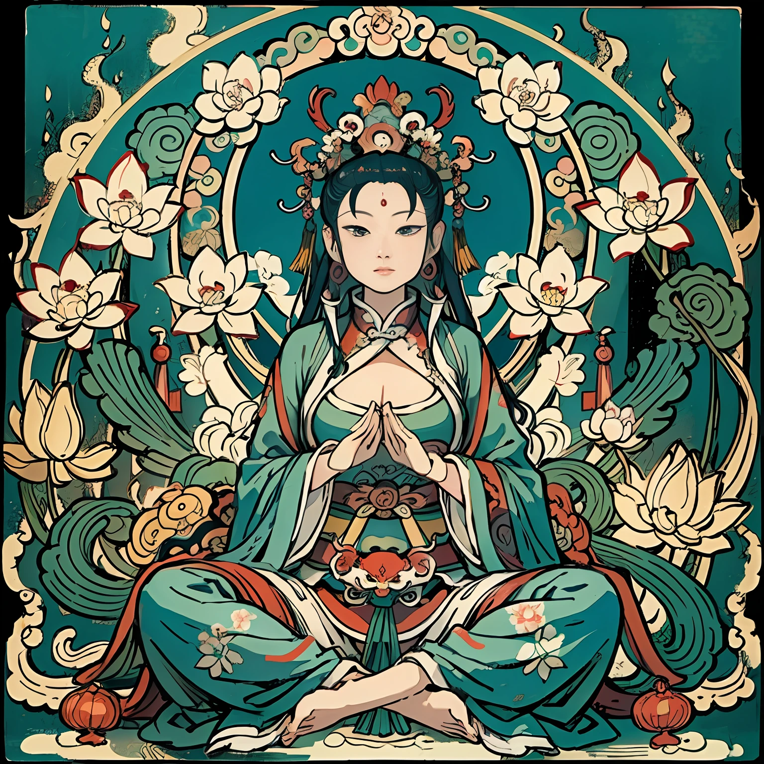 an ancient Chinese goddess, guanyin of the southern seas, Guanyin, Inspired by India, Avalokiteshvara Bodhisattva Phoenix,,Serene expression,shui mo hua,Buddha,Buddhist,Lotus,Chinese painting style,Thangka style