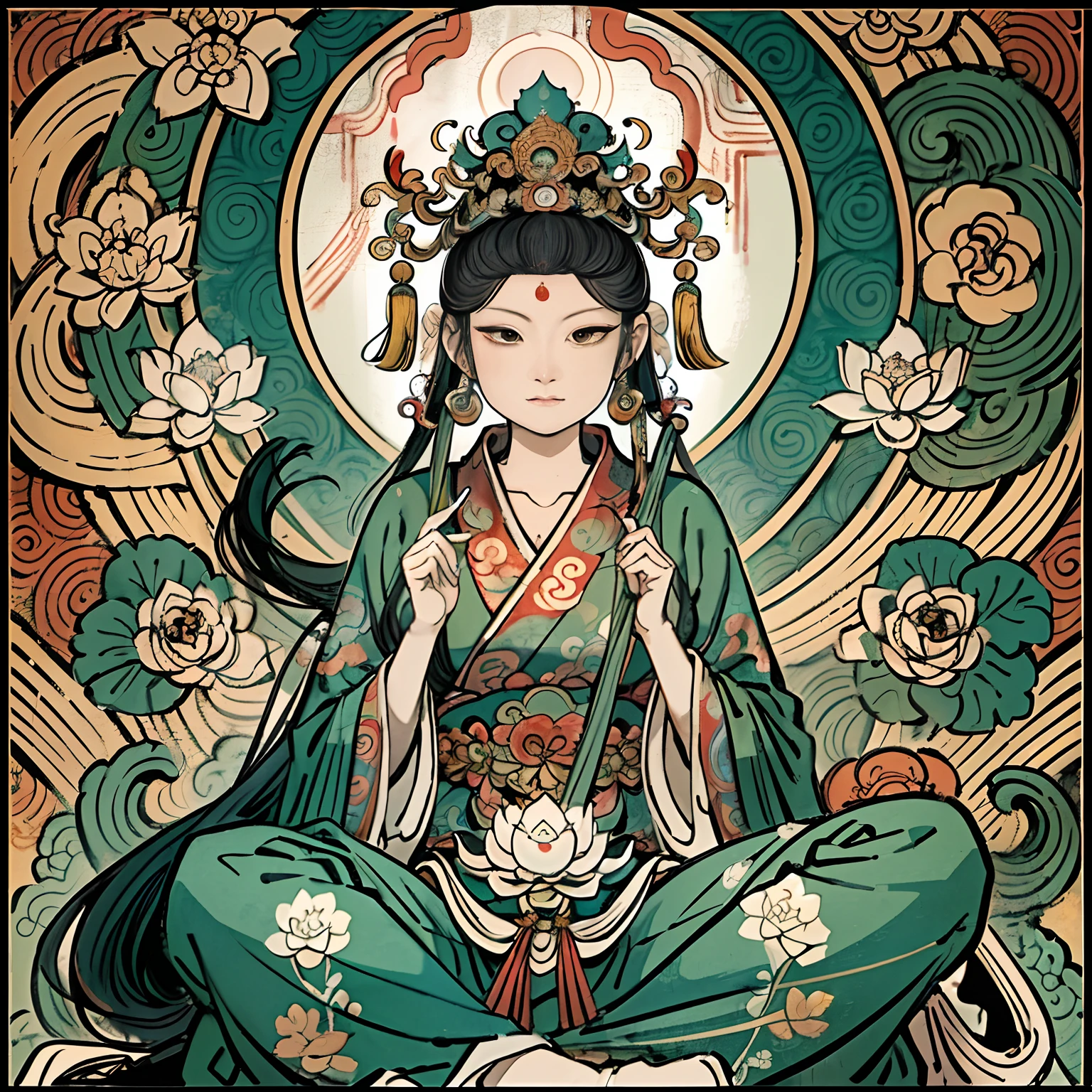 an ancient Chinese goddess, guanyin of the southern seas, Guanyin, Inspired by India, Avalokiteshvara Bodhisattva Phoenix,,Serene expression,shui mo hua,Buddha,Buddhist,Lotus,Chinese painting style,Thangka style