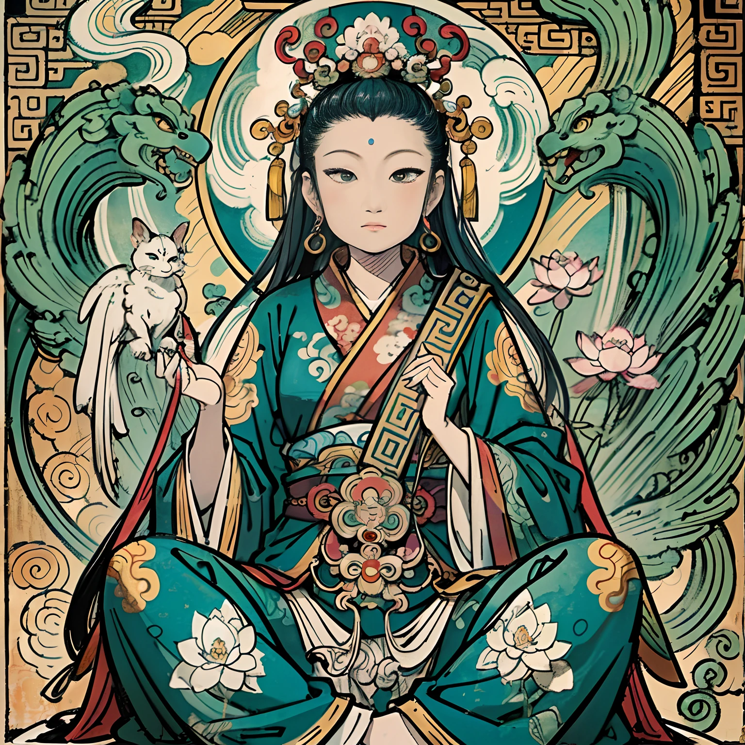 an ancient Chinese goddess, guanyin of the southern seas, Guanyin, Inspired by India, Avalokiteshvara Bodhisattva Phoenix,,Serene expression,shui mo hua,Buddha,Buddhist,Lotus,Chinese painting style,Thangka style