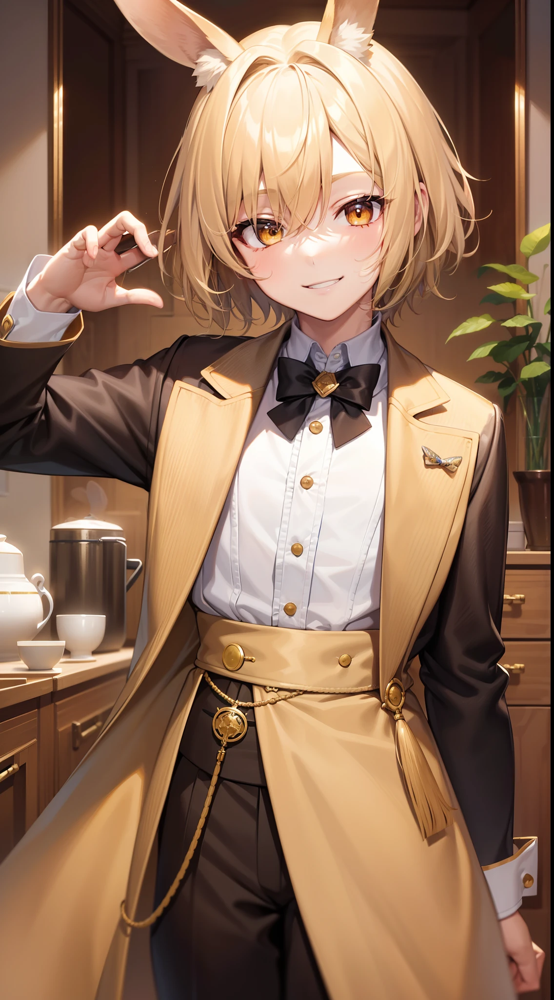 Young guy, blonde hair with brown strands, Yellow eyes, brown rabbit ears, Smile, Masterpiece, hiquality