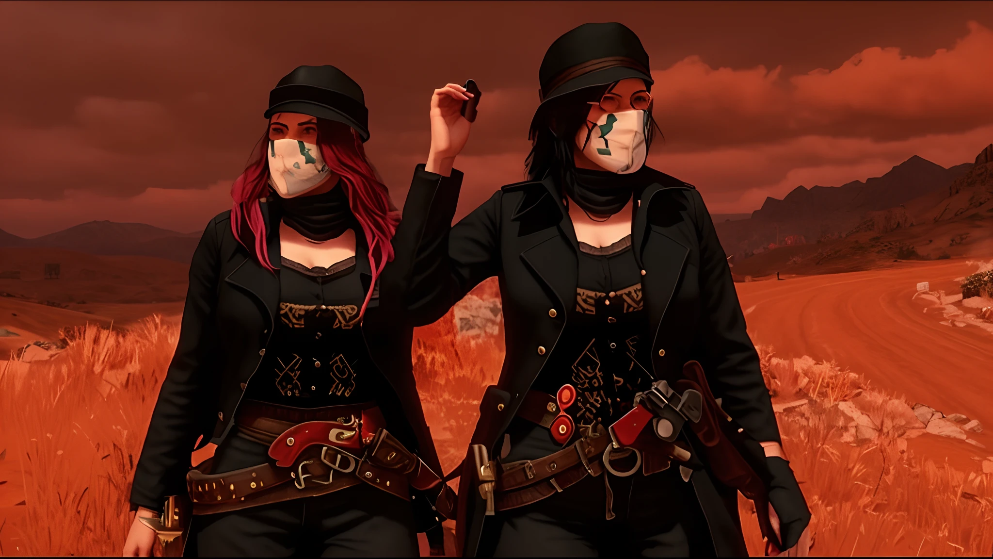 They are two women with black hair and black clothes and a black hat, Em Red Dead Redemntion 2, RDR 2 Mod |, dual wielding large revolvers, Em Red Dead Redemption 2, [ mortos vermelhos ], wearing apocalyptic clothes, red dead redemption2, red dead redemption 2, post - apocalyptic cowgirl, RDR2, Bandanas, cyberpunk oeste selvagem