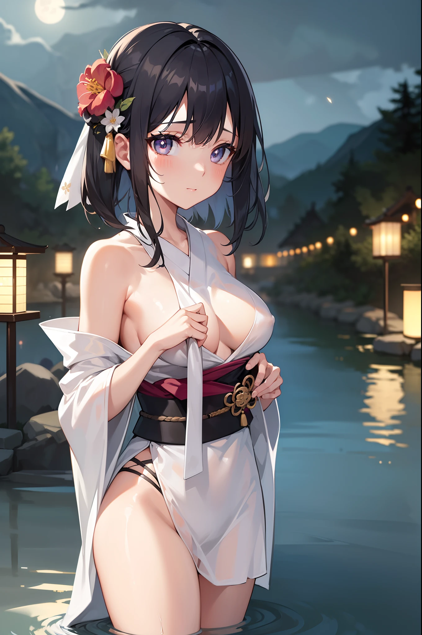 1girl, breasts, moon, lantern, night, solo, large breasts, hair ornament, wet, kimono, japanese clothes, wading, water, hair flower, flower, outdoors, sky, full moon, rain, black hair, off shoulder, mountain, cloud, holding, sash, bare shoulders, paper lantern, standing, white kimono, night sky, sideboob, obi, wet clothes, bangs, tree, from side, reflection, short hair, cloudy sky, wet hair (((masterpiece),(extremely detailed CG unity 8k wallpaper),best quality,,solo,1girl,cinematic lighting,detailed background,beautiful detailed eyes,bright pupils, (an extremely delicate and beautiful),(Beautiful and detailed eye description), ultra-detailed,masterpiece,)) (NSFW 1.1)