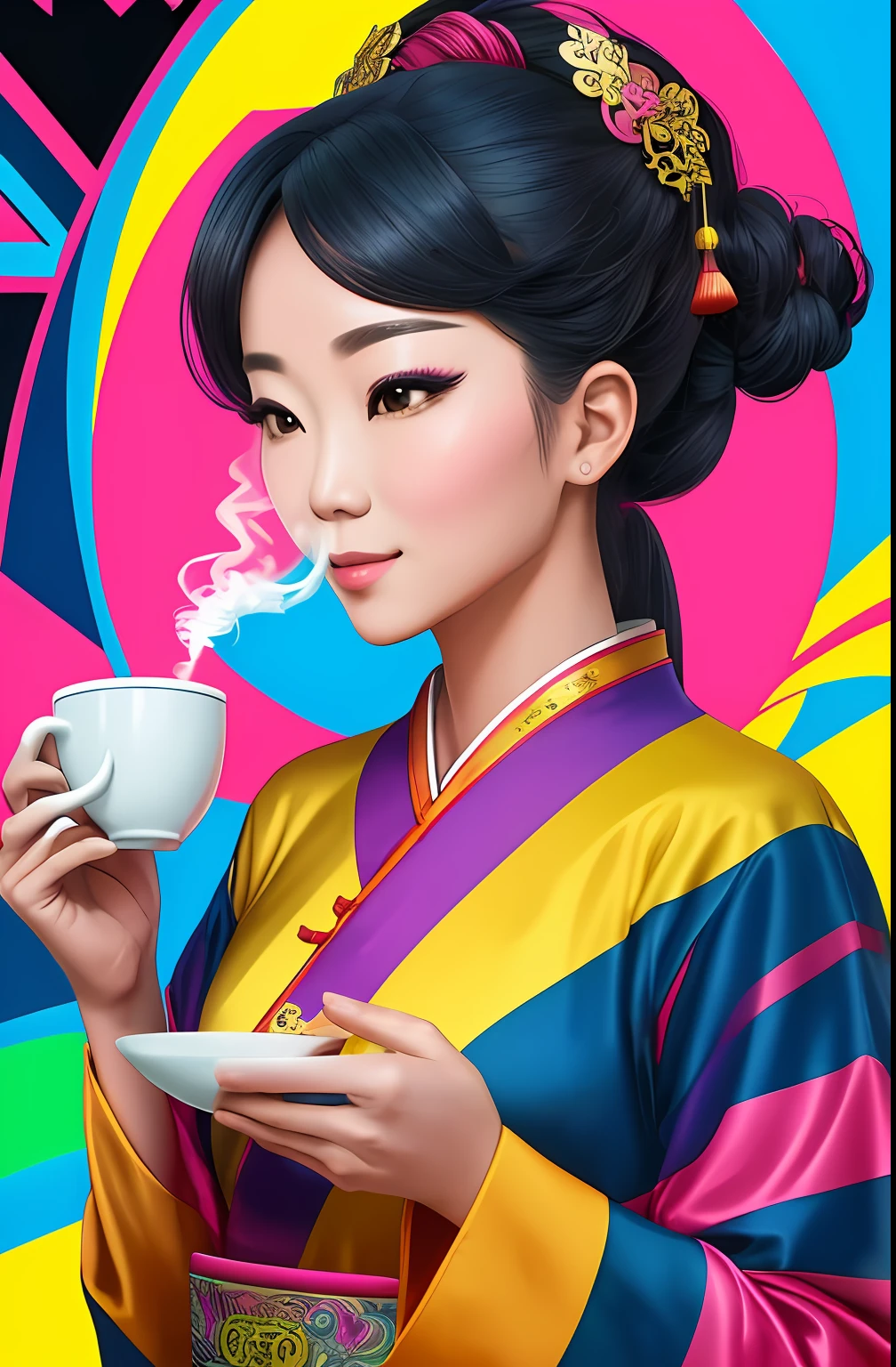 (A BEAUTIFUL ORIGINAL HAPPY CHINESE WOMAN WITH A NICE CUP OF COFFEE COMING OUT SMOKE IN HER HAND, Beautiful cup ,Coloridas ,pink and blue and yellow WRITTEN WE COOFFE IN THE CUP ),  Eduardo Kobra ,Romero Brito,The Filling Twins ,multidimensional geometric wall PORTRAIT, arte, Chibi,
Yang08k, lindo, Colouring,
Primary works, qualidade superior, melhor qualidade, Arte Oficial, Beautiful and Aesthetic, 128 mil