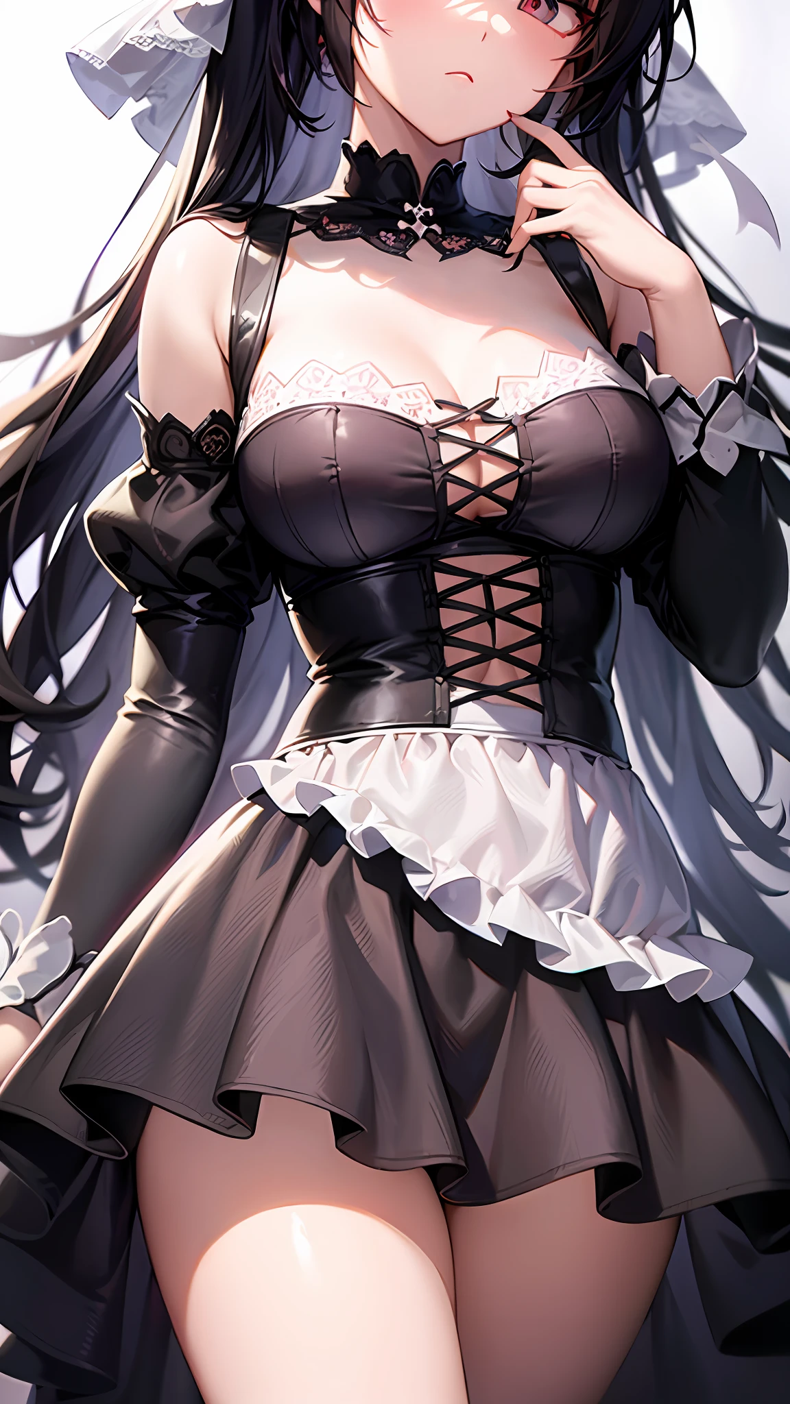a close up of a woman in a dress with a white and black dress, gothic maiden anime girl, anime girl wearing a black dress, cute anime waifu in a nice dress, anime girl in a maid costume, an elegant gothic princess, guweiz, guweiz on pixiv artstation, guweiz on artstation pixiv, beautiful anime girl