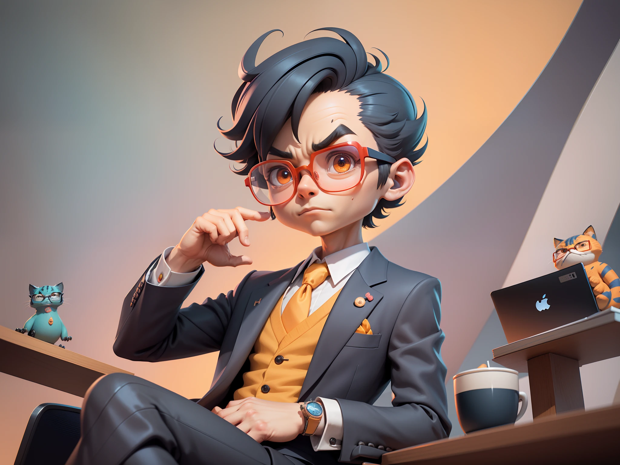 A young man in a suit, Short hair and glasses sat at his desk,holding laptop,digitial painting,tigre,3D character design by Mark Clairen and Pixar and Hayao Miyazaki and Akira Toriyama,4K HD illustration,Very detailed facial features and cartoon-style visuals。