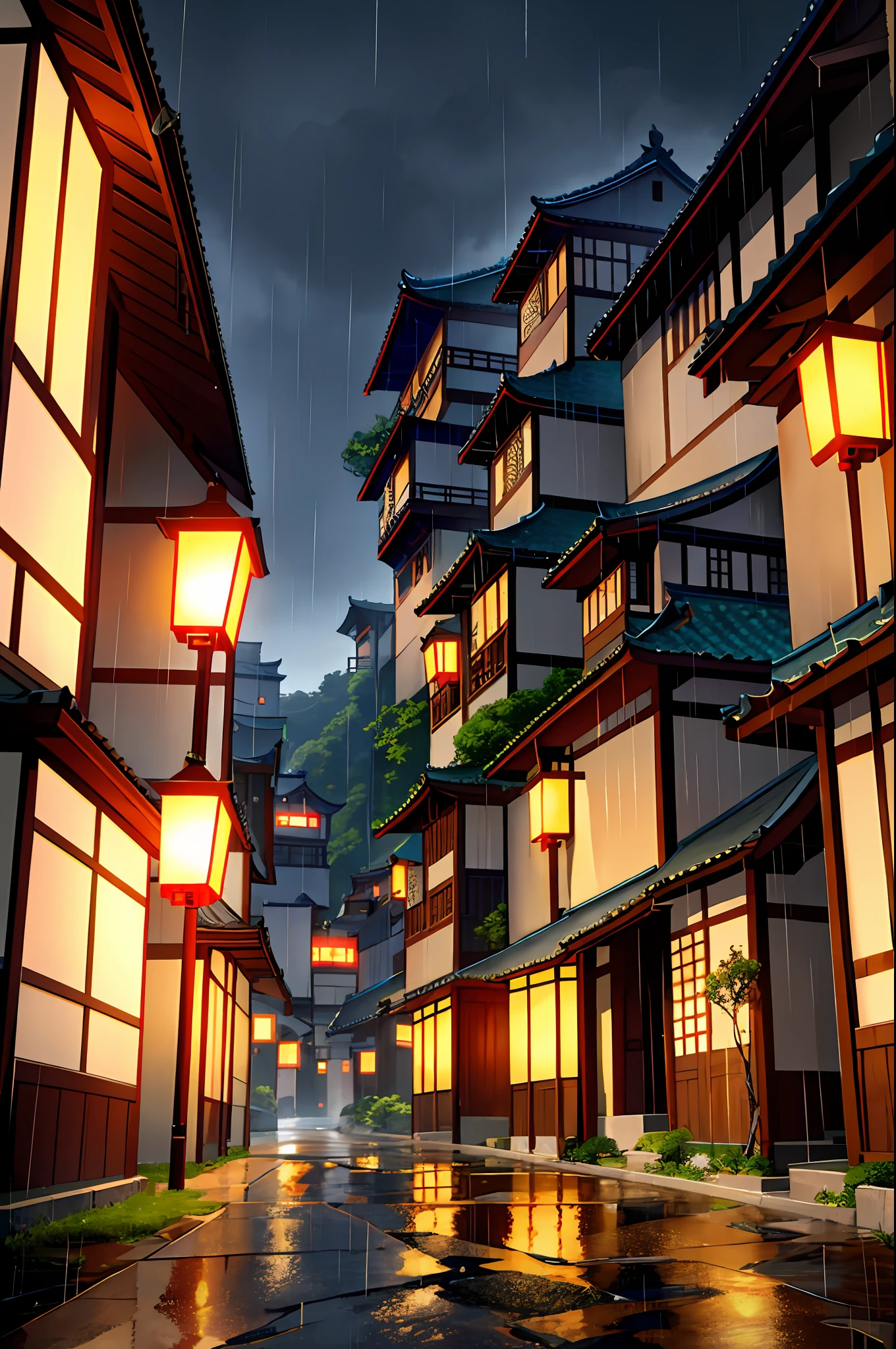 arafed view of a village with a lot of lights on the buildings, dreamy chinese town, chinese village, amazing wallpaper, japanese town, japanese village, hyper realistic photo of a town, old asian village, japanese city, by Raymond Han, rainy evening, cyberpunk chinese ancient castle, beautifully lit buildings, at evening during rain, beautiful and aesthetic, photography, cinematic, 8k, high detailed ((Heavy rain)))