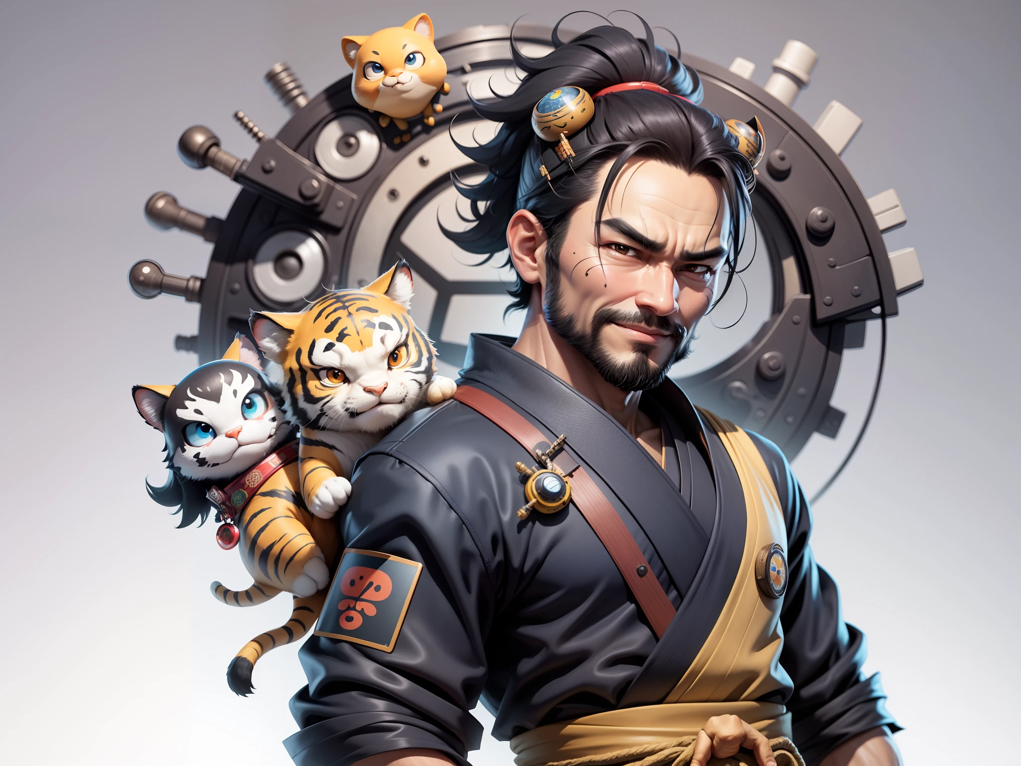(Daisaku),(Need),(Super meticulous),(full bodyesbian:1.2),Super young man with Japanese geisha,Beautiful,orient,one tiger,Aeolian Thor,Raised sexy,爆乳,Oriental face,TV Anchor,Bust portrait illustration,In black suit,a blue tie,The face is slightly chubby,The face was clean,without a beard,Black super short hair,Black eyes,Smile confidently,3C computer sub-products,iPad, iphone,Digital painting,3D character design by Mark Clairen and Pixar and Hayao Miyazaki and Akira Toriyama,The illustration is a high-definition illustration in 4K resolution,With very detailed facial features and cartoon-style visuals。