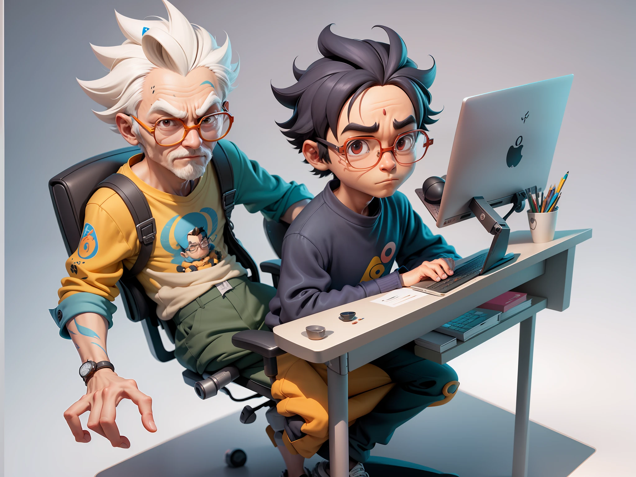 A young man with glasses sits at his desk，holding laptop，digitial painting，3D character design by Mark Clairen and Pixar and Hayao Miyazaki and Akira Toriyama，4K HD illustration，Very detailed facial features and cartoon-style visuals。