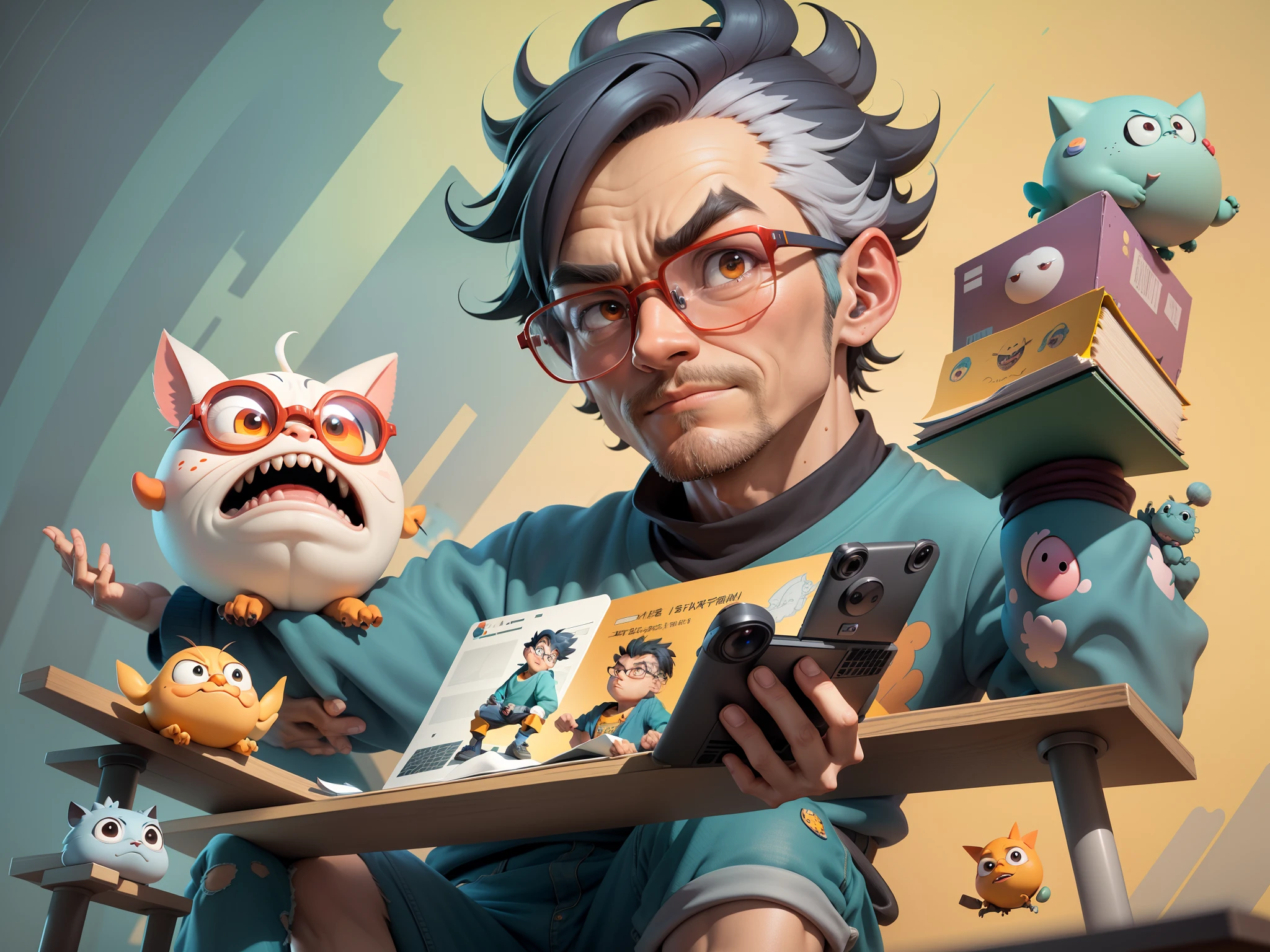 A young man with glasses sits at his desk,holding laptop,digitial painting,3D character design by Mark Clairen and Pixar and Hayao Miyazaki and Akira Toriyama,4K HD illustration,Very detailed facial features and cartoon-style visuals。