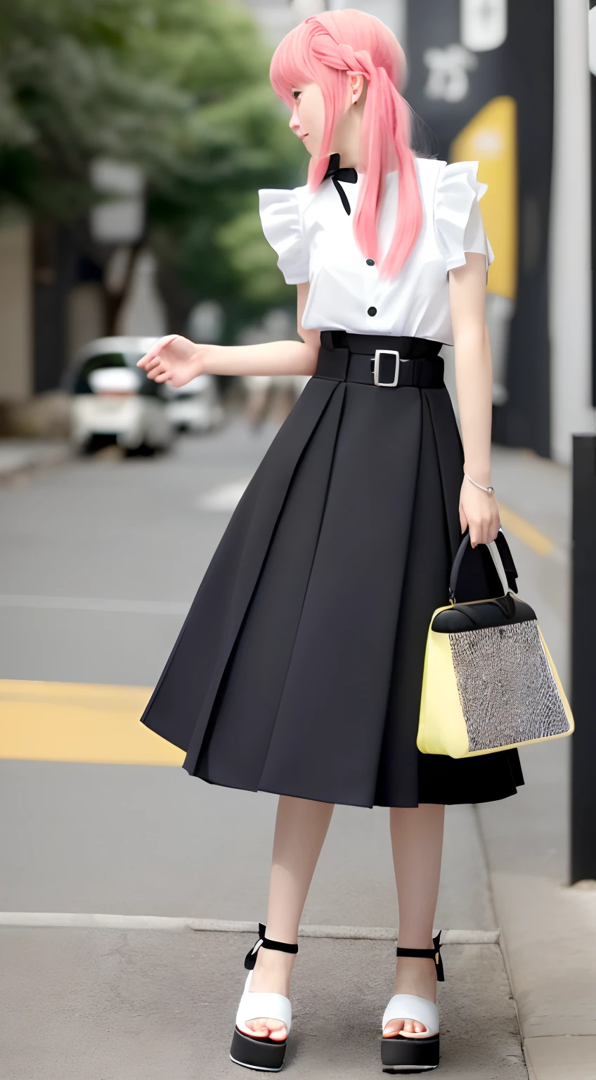 ((masutepiece, of the highest quality, High Definition)),Woman in black top and white skirt holding bag, layered skirts, a cake」, dreamy style, by Shinoda Toko, Black White Pastel Pink, 50s style, 5 0 s style, MIDI Skirt, wide skirt, modern maximalist fashion dress, ta style, katelynn mini cute style, Pastel style, peach and goma style
