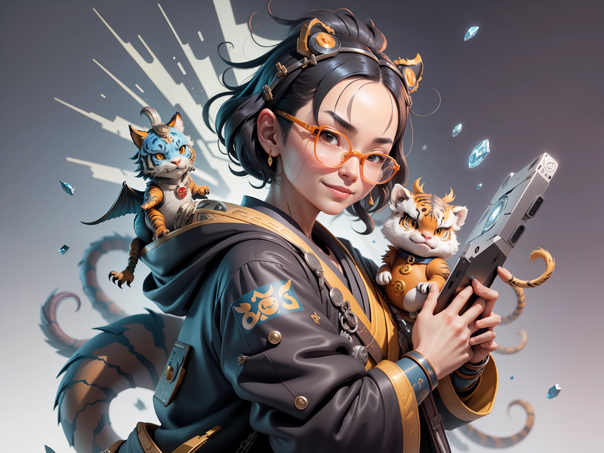 (Masterpiece), (Excellent), (Super Meticulous), (Full Body: 1.2), Super Young Man with Japanese Female Geisha, Pretty, Beautiful, Chinese Dragon, Tiger, Wind God Thor, Sexy, Bursting, Oriental Face, TV Anchor, Bust Portrait Illustration, Black Suit, Blue Tie, Slightly Chubby Face, Silver Glasses, Very Clean Face, No Beard on Chin, Black Super Short Hair, Black Eyes, Confident Smile, 3c Computer Sub-Products, iPad, iPhone, Digital Painting, 3D character design by Mark Clairedon and Pixar and Hayao Miyazaki and Akira Toriyama, the illustrations are HD illustrations in 4K resolution with highly detailed facial features and cartoon-style visuals.