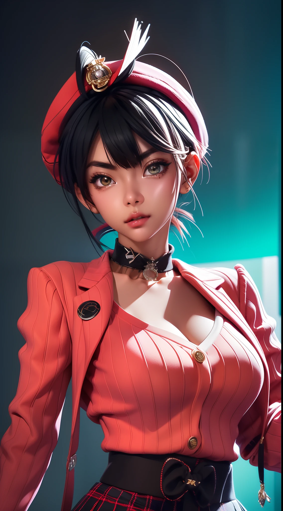 best qualityer, tmasterpiece, 1girl, 独奏, Red gradient striped hair, short detailed hair, whaite hair, lilie (wacca), black beret, plaid skirts, choker necklace, Cyan sweater jacket, collared shir, Black plaid tie, Sleeve over fingers, bluntbangs,solid color backdrop