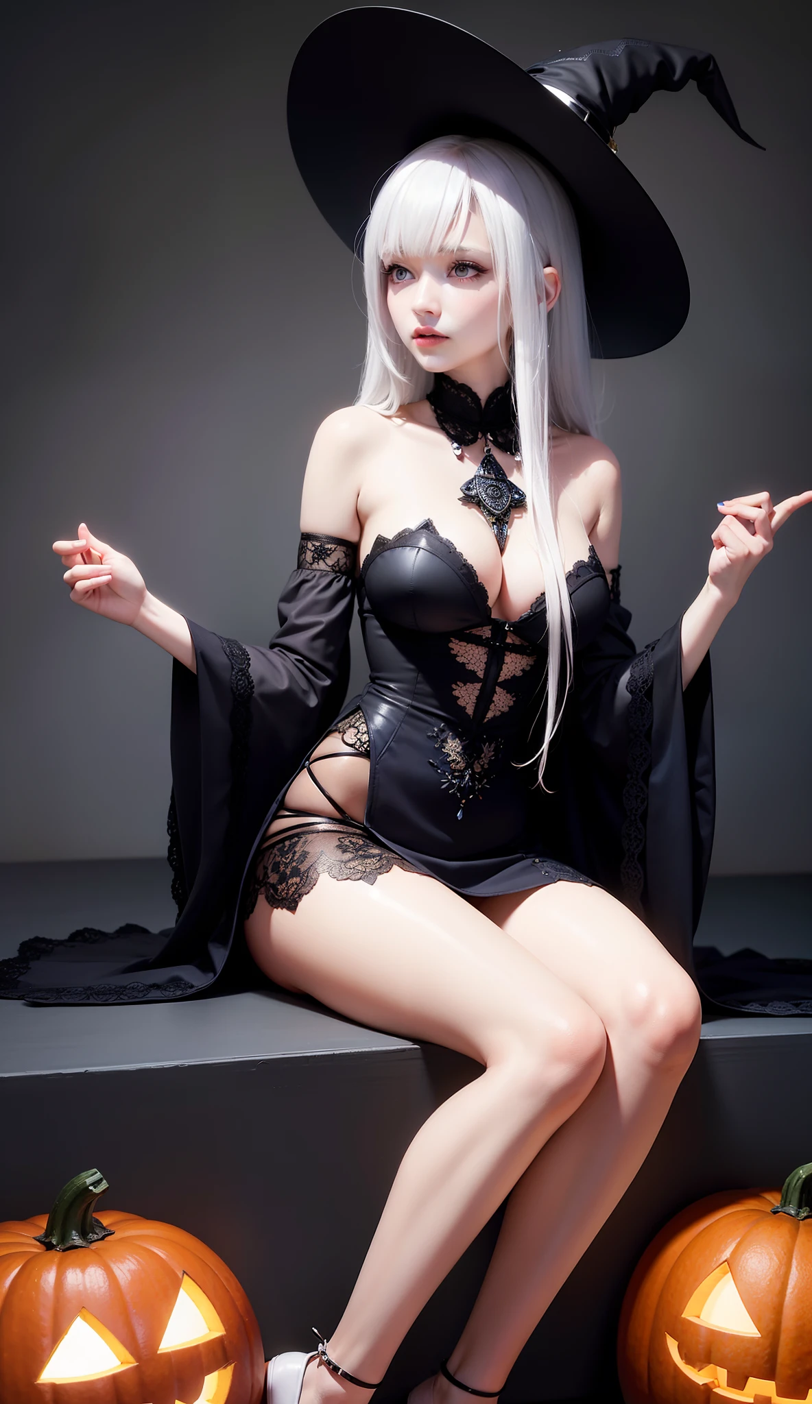(tmasterpiece), (best qualtiy), Forcing Allah righteousness, photorealestic, ultra - detailed, 8K分辨率, (1girll), 独奏, beuaty girl, White hair, sorceress woman, Front light, cinematric light, cold light, deep dark background, Witch hat, inside in room, mistic, fanciful, pumkin,Bigchest,Full body like,Slim legs,Cover your body,Cover chest,Sitting down,Casual pose,Spooky forest。