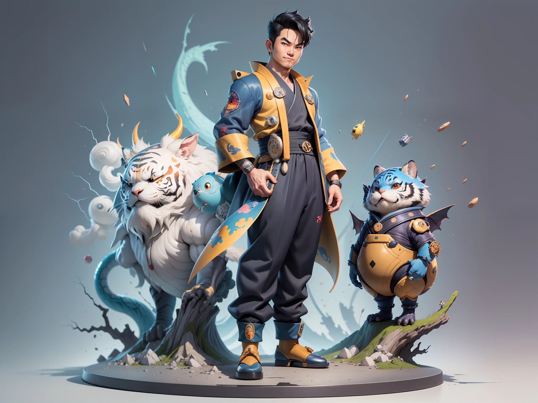 (Masterpiece), (Excellent), (Super Meticulous), (Full Body: 1.2), Super Young Man, Oriental Face, Japanese Kimono, Japanese Wind Thunder God, Dragon, Tiger, TV Anchor, Bust Portrait Illustration, Alone, Black Suit, Blue Tie, Slightly Chubby Face, Very Clean Face, No Beard, Black Super Short Hair, Black Eyes, Confident Smile, 3c Computer Sub-Products, iPad, iPhone, Digital Painting, 3D Character Design by Akira Toriyama and Mark Claireden and Pixar and Hayao Miyazaki, The illustration is a high-definition illustration in 4K resolution with very detailed facial features and cartoon-style visuals.