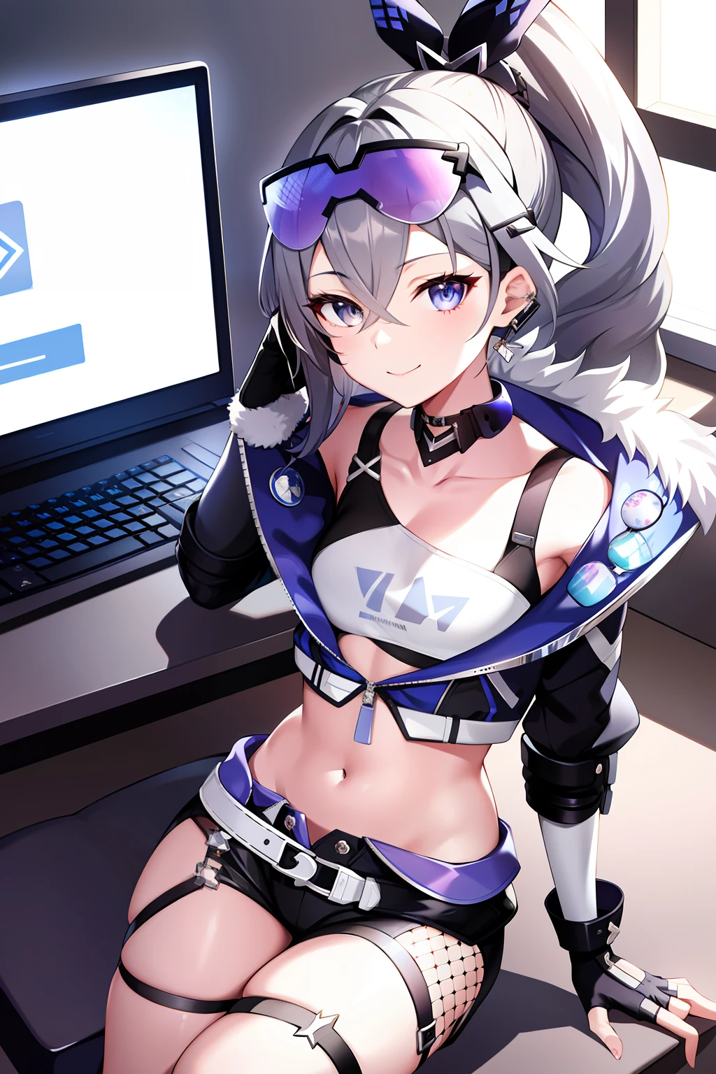 SilverWolfV4, 1girl, solo, looking at viewer, smile, hair ornament, gloves, hair between eyes, jewelry, jacket,midriff, stomach, earrings, black gloves, fingerless gloves, sunglasses, eyewear on head, indoors, computer, small breasts