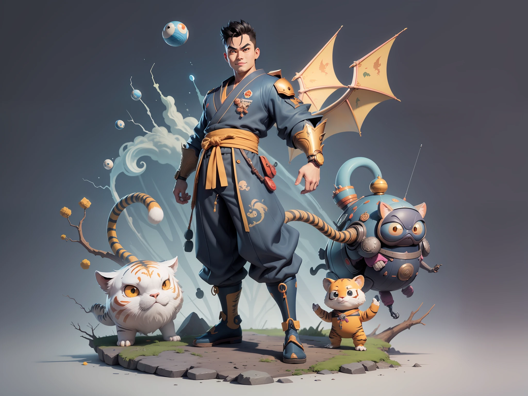 (Masterpiece), (Excellent), (Super Meticulous), (Full Body: 1.2), Super Young Man, Oriental Face, Japanese Kimono, Japanese Wind Thunder God, Dragon, Tiger, TV Anchor, Bust Portrait Illustration, Alone, Black Suit, Blue Tie, Slightly Chubby Face, Very Clean Face, No Beard, Black Super Short Hair, Black Eyes, Confident Smile, 3c Computer Sub-Products, iPad, iPhone, Digital Painting, 3D Character Design by Akira Toriyama and Mark Claireden and Pixar and Hayao Miyazaki, The illustration is a high-definition illustration in 4K resolution with very detailed facial features and cartoon-style visuals.