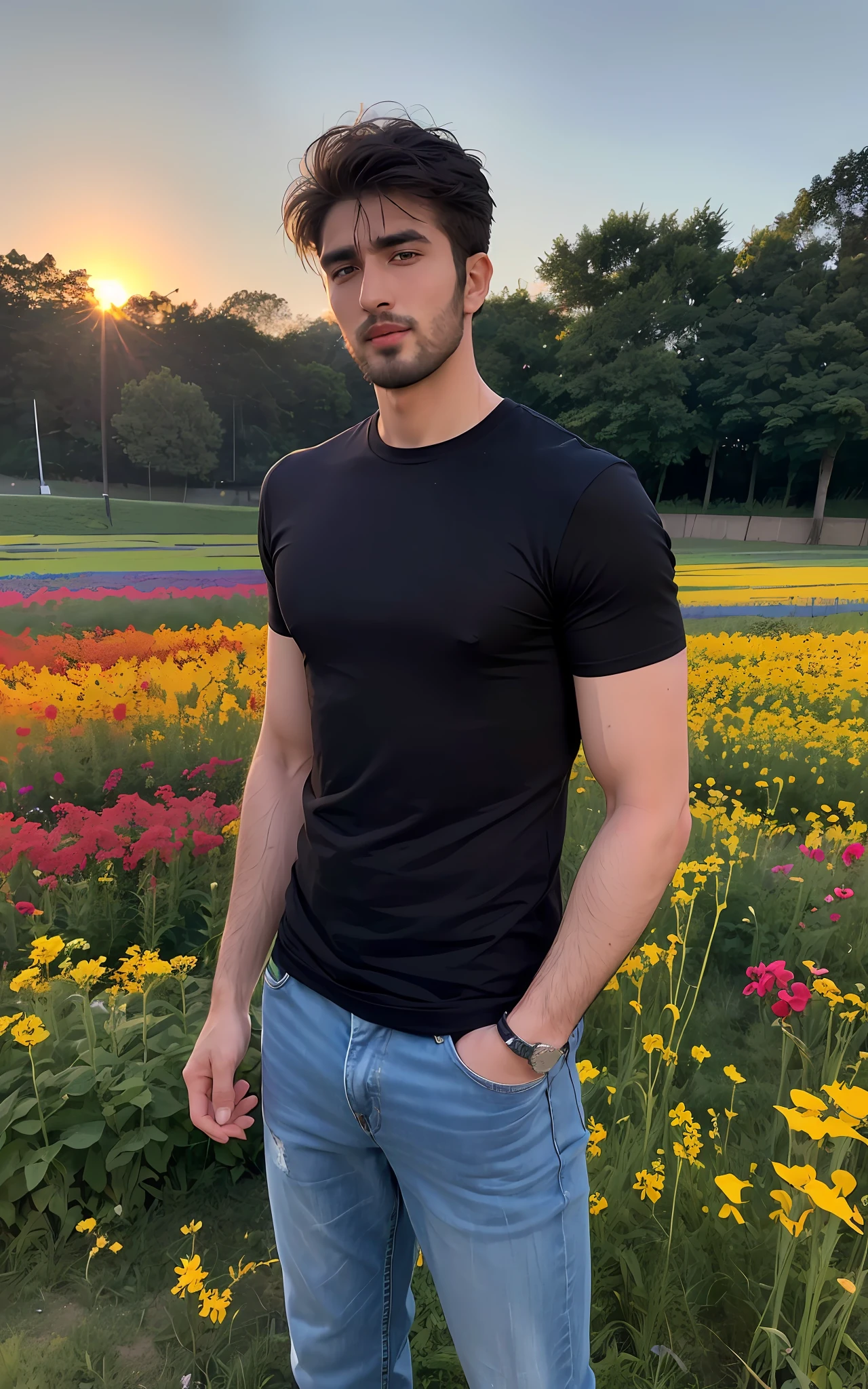 (RAW photo, best quality, highest quality, masterpiece:1.2), (realistic, photo-realistic:1.37), ultra high res, (1 boy 26 year's old, Tirkish handsome:2.0), (summer night sunset:1.3), (black round neck plain Tee-shirt, blue jeans:1.3), (standing in flower field:1.4), model style open legs, (focus face:1.3), (high contrast:1.1), (detailed background:1.3), dynamic pose, intricate detail, delicate pattern, (vibrant, colorful:1.3), (high sharpness), middle eastern guy, fashion posing, short black hairstyle, plain regular fit lose Tee-shirt no printing on Teeshirt, light bearded, Turkish boy.