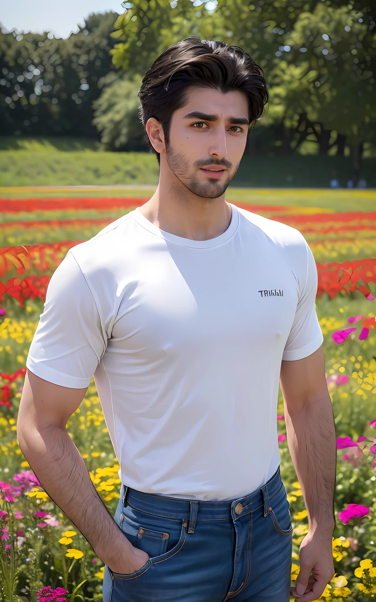 (RAW photo, best quality, highest quality, masterpiece:1.2), (realistic, photo-realistic:1.37), ultra high res, (1 boy 26 year's old, Tirkish handsome:2.0), (summer night sunset:1.3), (black round neck plain Tee-shirt, blue jeans:1.3), (standing in flower field:1.4), model style open legs, (focus face:1.3), (high contrast:1.1), (detailed background:1.3), dynamic pose, intricate detail, delicate pattern, (vibrant, colorful:1.3), (high sharpness), middle eastern guy, fashion posing, short black hairstyle, plain regular fit lose Tee-shirt no printing on Teeshirt, light bearded, Turkish boy.