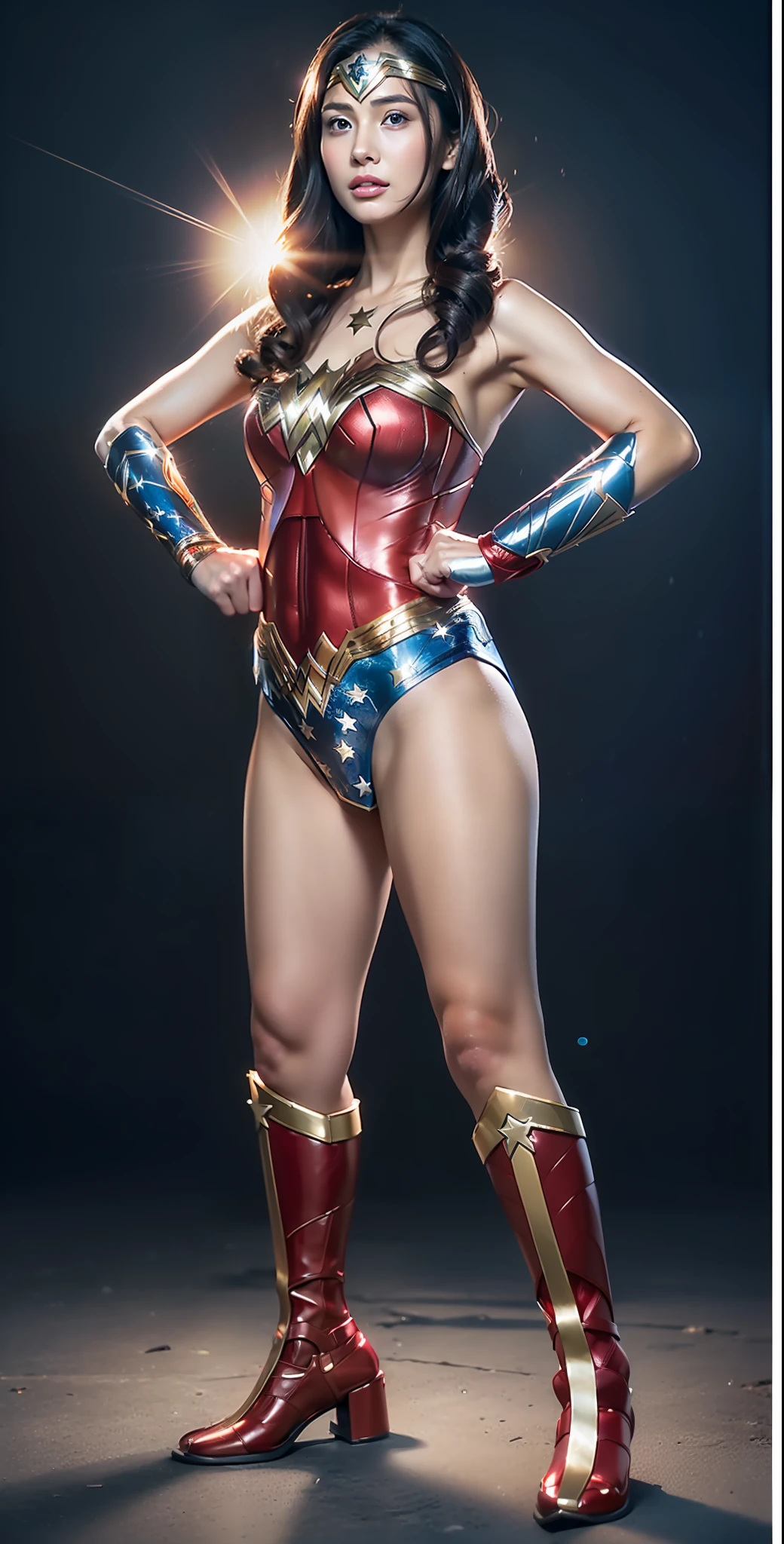 (((Make the most of the original image)))、(((Wonder Woman Costume)))、((a beauty girl))、((Top image quality、8K))、((top-quality、8K、​masterpiece:1.3))、Crisp focus:1.2、Beautiful woman with perfect body shape:1.4、Slender Abs:1.2、((layers-Cut、Colossal tits:1.2))、a wet body:1.5、Highly detailed facial and skin texture、