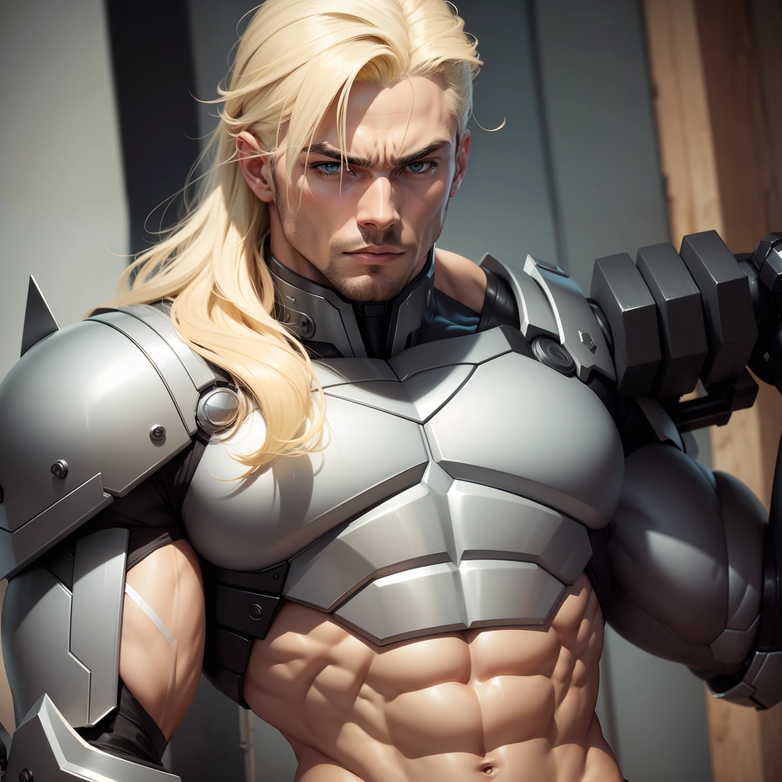 4 persobagens de comics, a blonde with strong arms, a gray guy, um homem negro musculoso e um robo branco simpatico