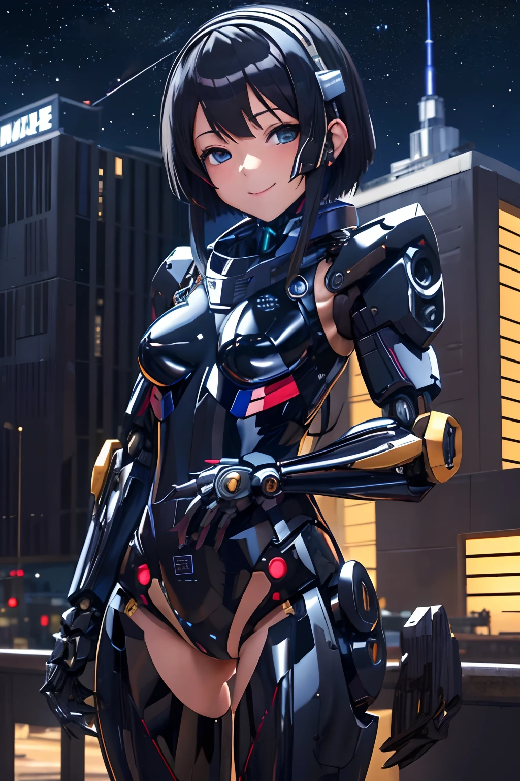 ((masutepiece,Best Quality, Detailed)), 1girl in, Solo, Cowboy Shot, Outdoors, Night, Cityscape, Starry sky, Detailed eyes,
oshino ougi, School run, Black Gloves, Smile, Closed mouth, inner colored hair, Half-closed eyes,
(mecha musume, Mechanical parts, Robot joints, Black bodysuit)
