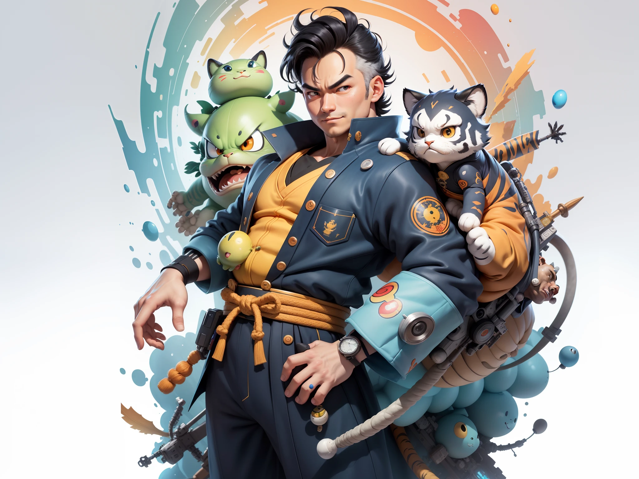 (Masterpiece), (Excellent), (Super Meticulous), (Full Body: 1.2), Super Young Man, Oriental Face, Japanese Kimono, Japanese Wind Thunder God, Dragon, Tiger, TV Anchor, Bust Portrait Illustration, Alone, Black Suit, Blue Tie, Slightly Chubby Face, Very Clean Face, No Beard, Black Super Short Hair, Black Eyes, Confident Smile, 3c Computer Sub-Products, iPad, iPhone, Digital Painting, 3D Character Design by Akira Toriyama and Mark Claireden and Pixar and Hayao Miyazaki, The illustration is a high-definition illustration in 4K resolution with very detailed facial features and cartoon-style visuals.