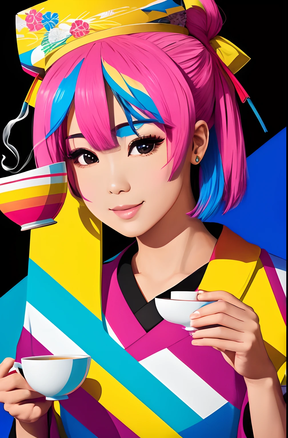 (A BEAUTIFUL ORIGINAL HAPPY JAPANESE WOMAN WITH A NICE CUP OF COFFEE COMING OUT SMOKE IN HER HAND, Beautiful cup ,Coloridas ,pink and blue and yellow WRITTEN WE COOFFE IN THE CUP ), Eduardo Kobra ,Romero Brito,The Filling Twins ,multidimensional geometric wall PORTRAIT, arte, Chibi,
Yang08k, lindo, Colouring,
Primary works, qualidade superior, melhor qualidade, Arte Oficial, Beautiful and Aesthetic, 128 mil