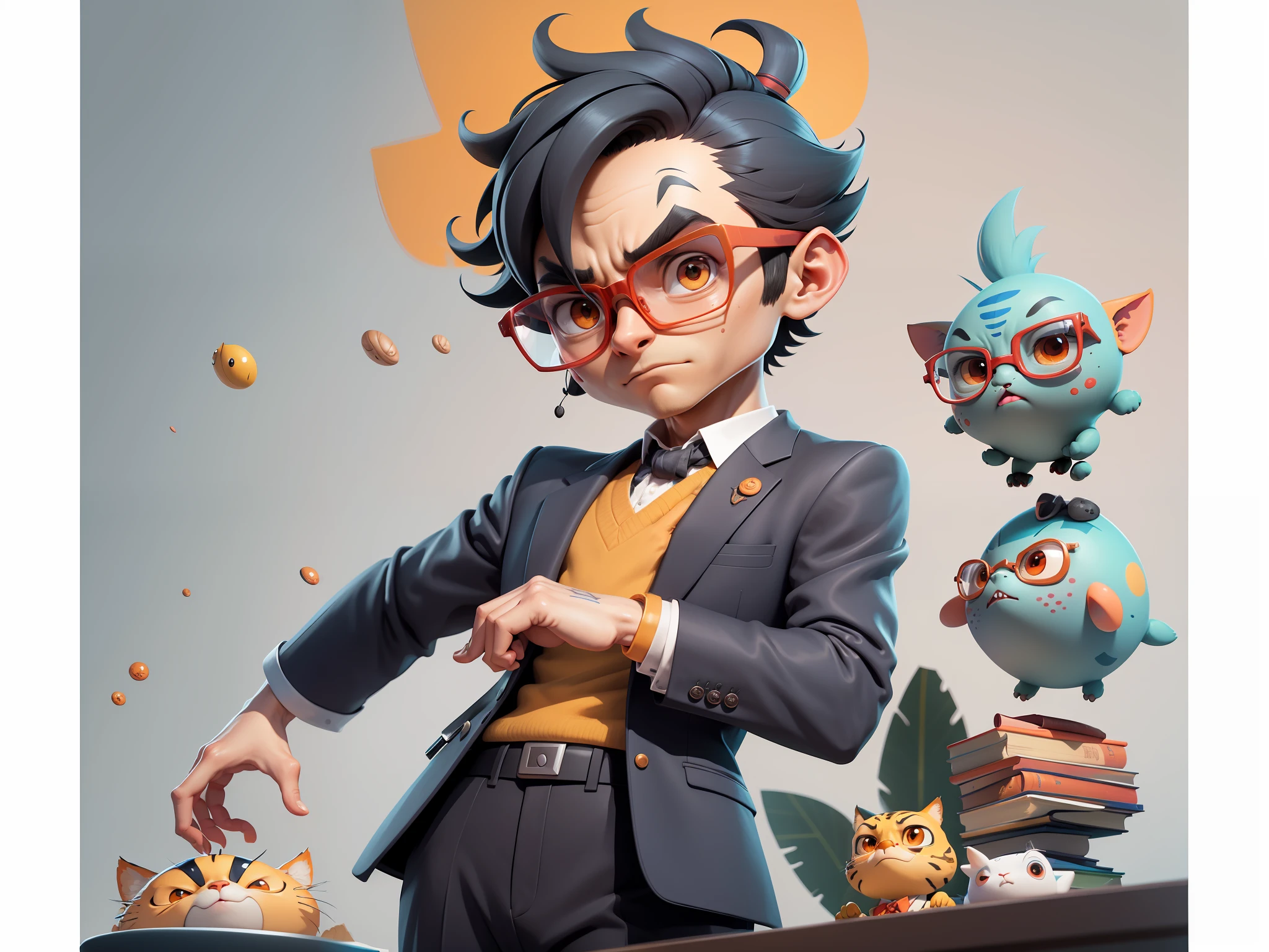 A young man in a suit, Short hair and glasses sat at his desk,holding laptop,digitial painting,tigre,3D character design by Mark Clairen and Pixar and Hayao Miyazaki and Akira Toriyama,4K HD illustration,Very detailed facial features and cartoon-style visuals。