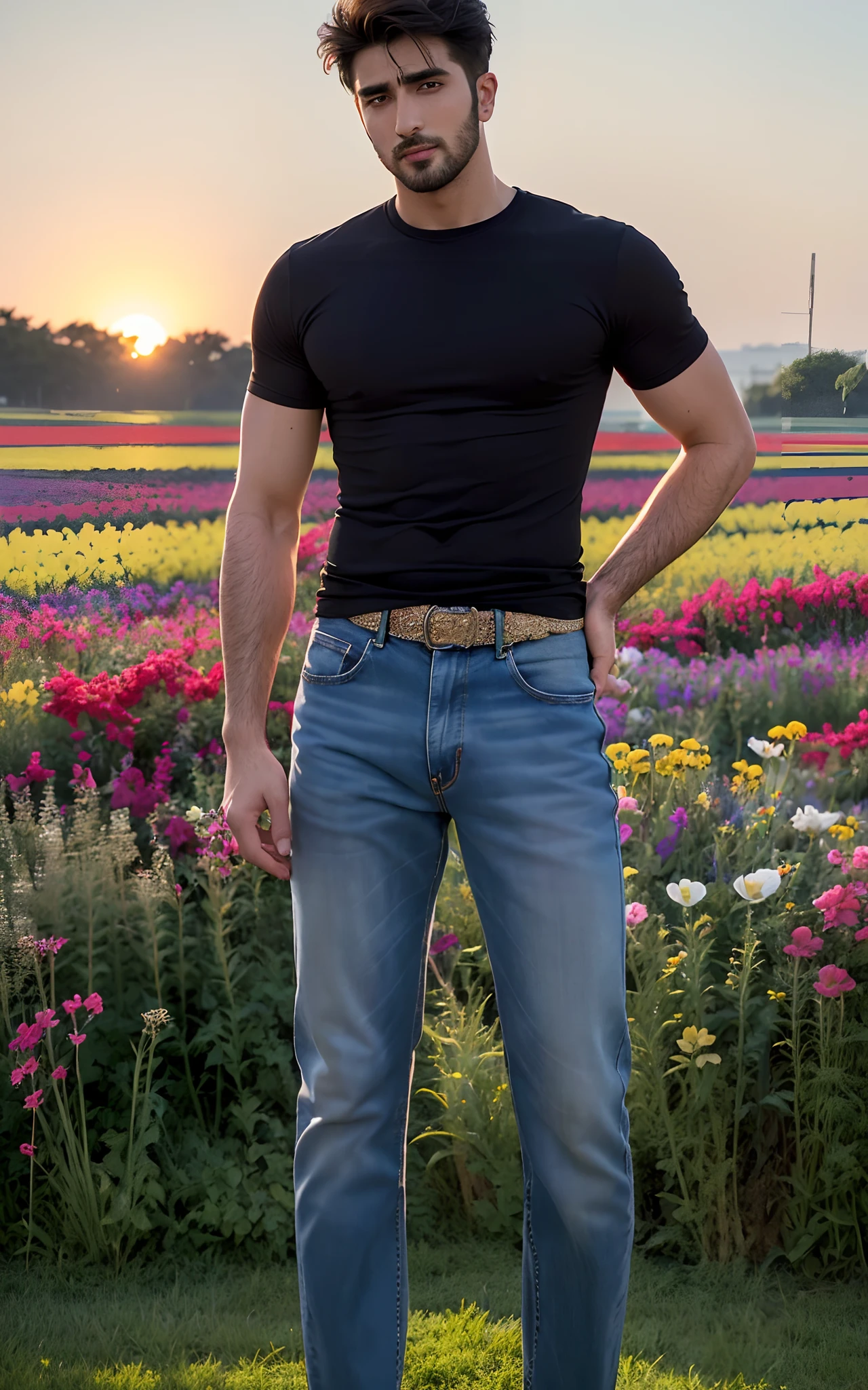 (RAW photo, best quality, highest quality, masterpiece:1.2), (realistic, photo-realistic:1.37), ultra high res, (1 boy 26 year's old, Tirkish handsome:2.0), (summer night sunset:1.3), (black round neck plain Tee-shirt, blue jeans:1.3), (standing in flower field:1.4), model style open legs, (focus face:1.3), (high contrast:1.1), (detailed background:1.3), dynamic pose, intricate detail, delicate pattern, (vibrant, colorful:1.3), (high sharpness), middle eastern guy, fashion posing, short black hairstyle, plain regular fit lose Tee-shirt no printing on Teeshirt, light bearded, Turkish boy.