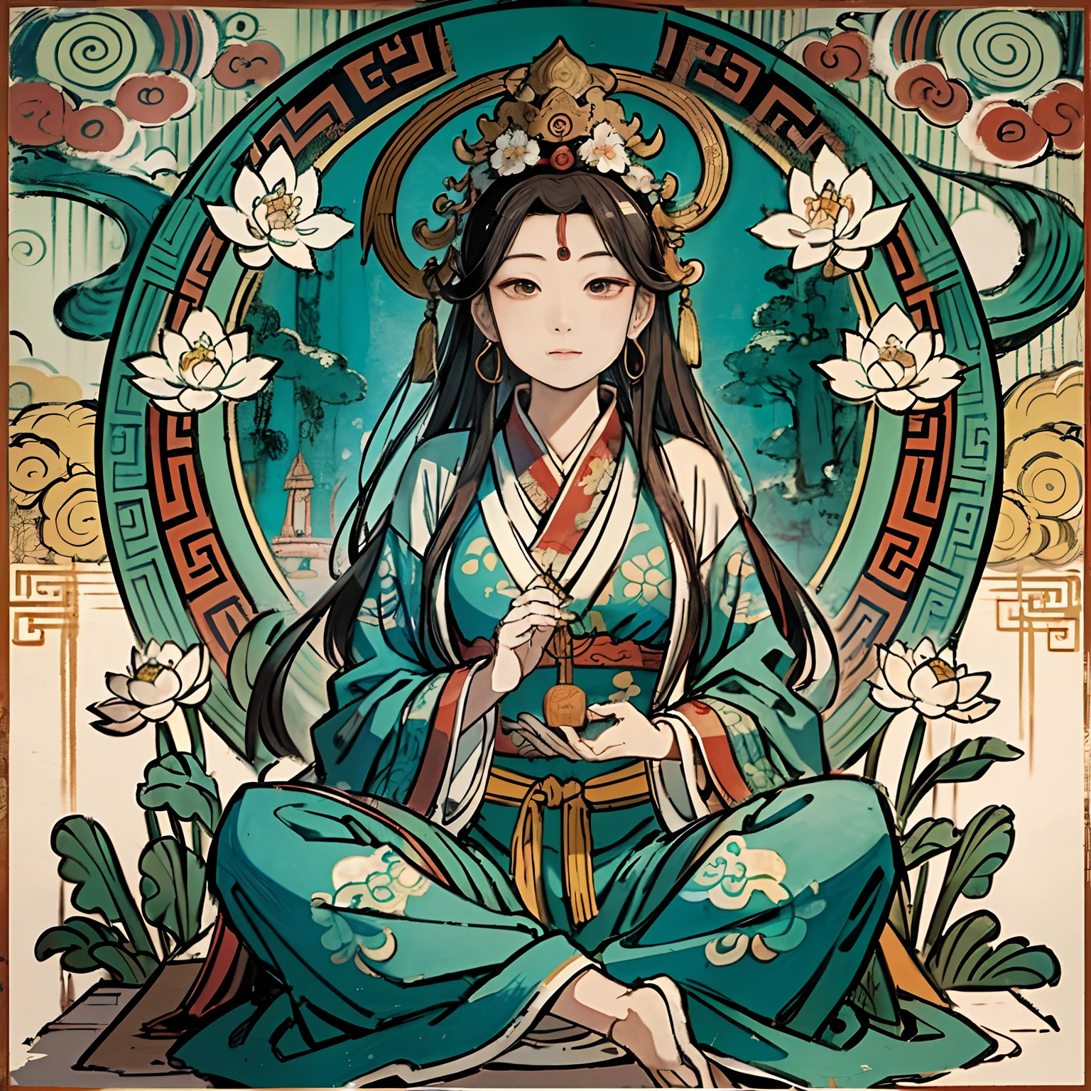 an ancient Chinese goddess, guanyin of the southern seas, Guanyin, Inspired by India, Avalokiteshvara,,Serene expression,shui mo hua,Buddha,Buddhist,Lotus,Chinese painting style,Thangka style