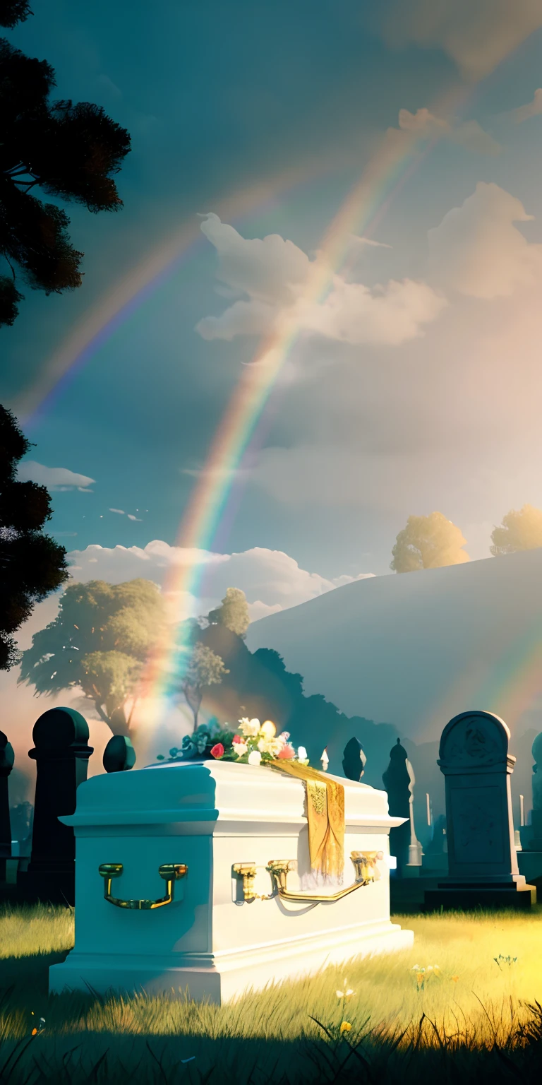 A coffin in the middle of a beautiful cemetery, dia chuvoso (white coffin decorated with golden adornments) (Rainbow in the sky in the background of the image:1.1) Volumetric mist mist ray tracing z pass bright light, (obra-prima) (melhor qualidade) (detalhado) (8k) (cinematic lighthing) (foco nítido) (intrincado)