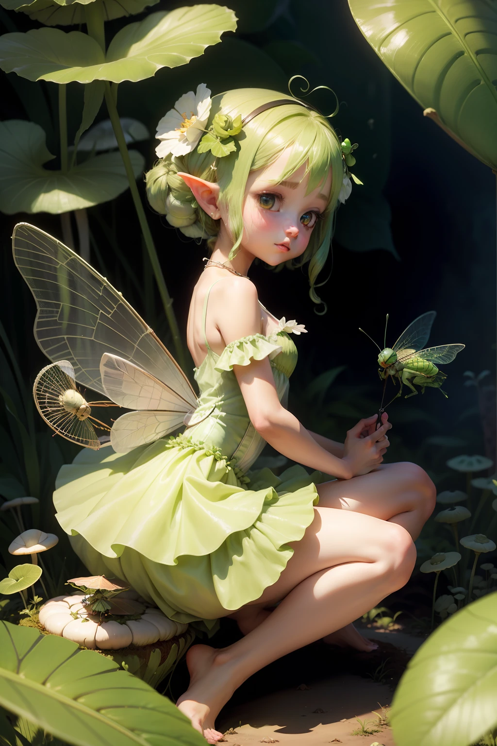 sweet dainty fairy that looks like a grasshopper sitting on a dewy mushroom green skirt holding a net catching buttflies.
