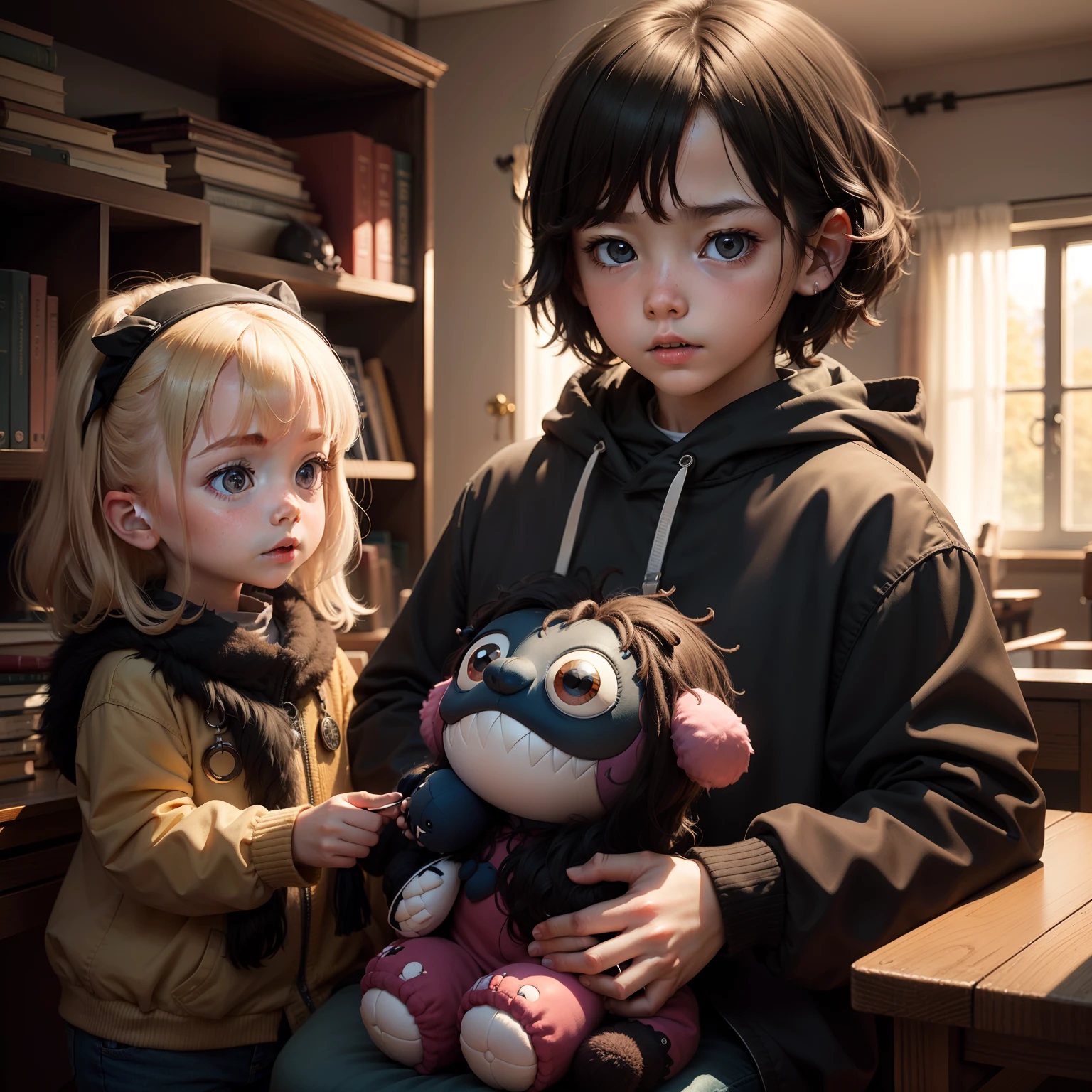 A child with a monster puppet