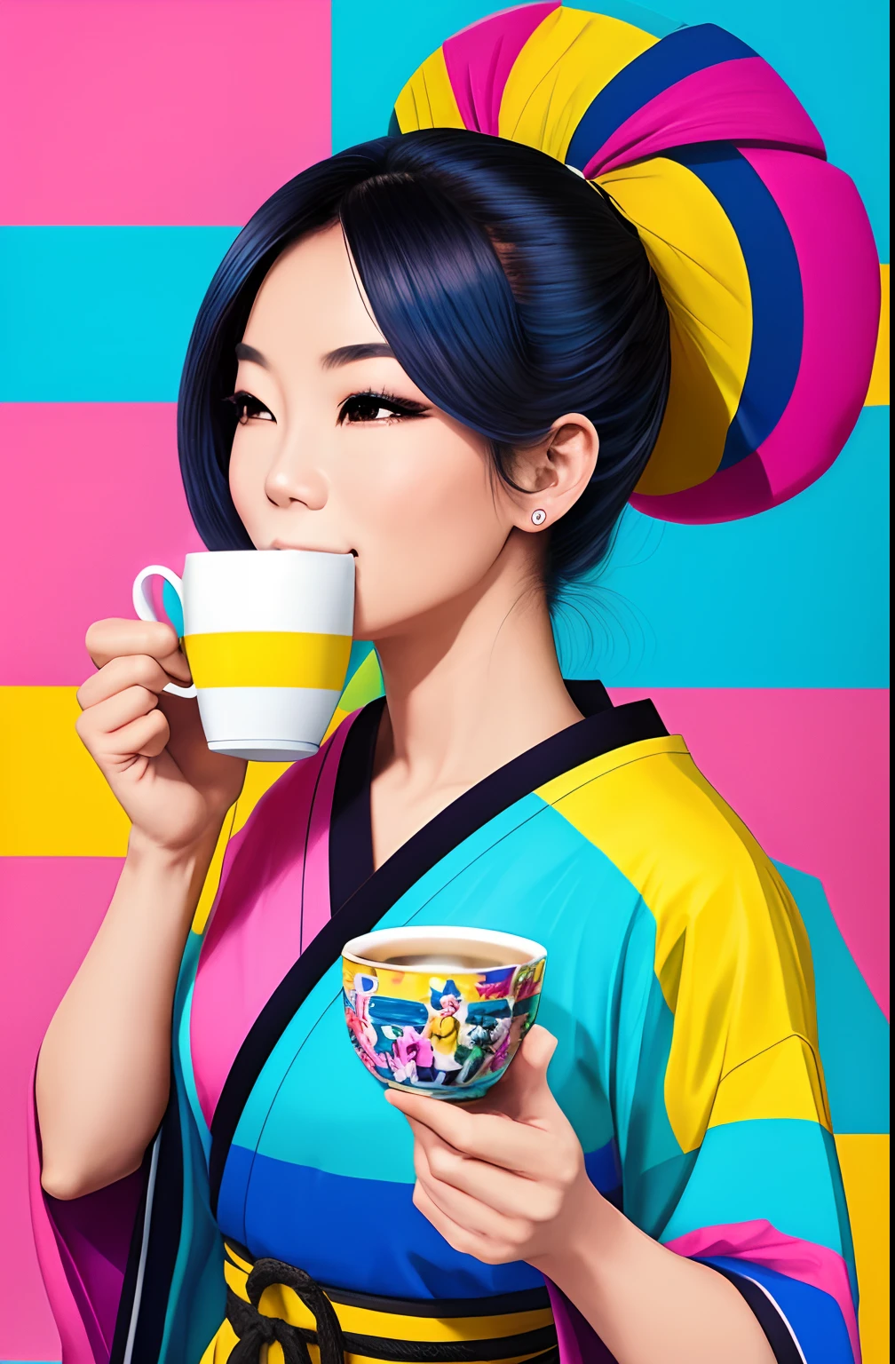 (A BEAUTIFUL ORIGINAL HAPPY JAPANESE WOMAN WITH A NICE CUP OF COFFEE COMING OUT SMOKE IN HER HAND, Beautiful cup ,Coloridas ,pink and blue and yellow WRITTEN WE COOFFE IN THE CUP ), Eduardo Kobra ,Romero Brito,The Filling Twins ,multidimensional geometric wall PORTRAIT, arte, Chibi,
Yang08k, lindo, Colouring,
Primary works, qualidade superior, melhor qualidade, Arte Oficial, Beautiful and Aesthetic, 128 mil