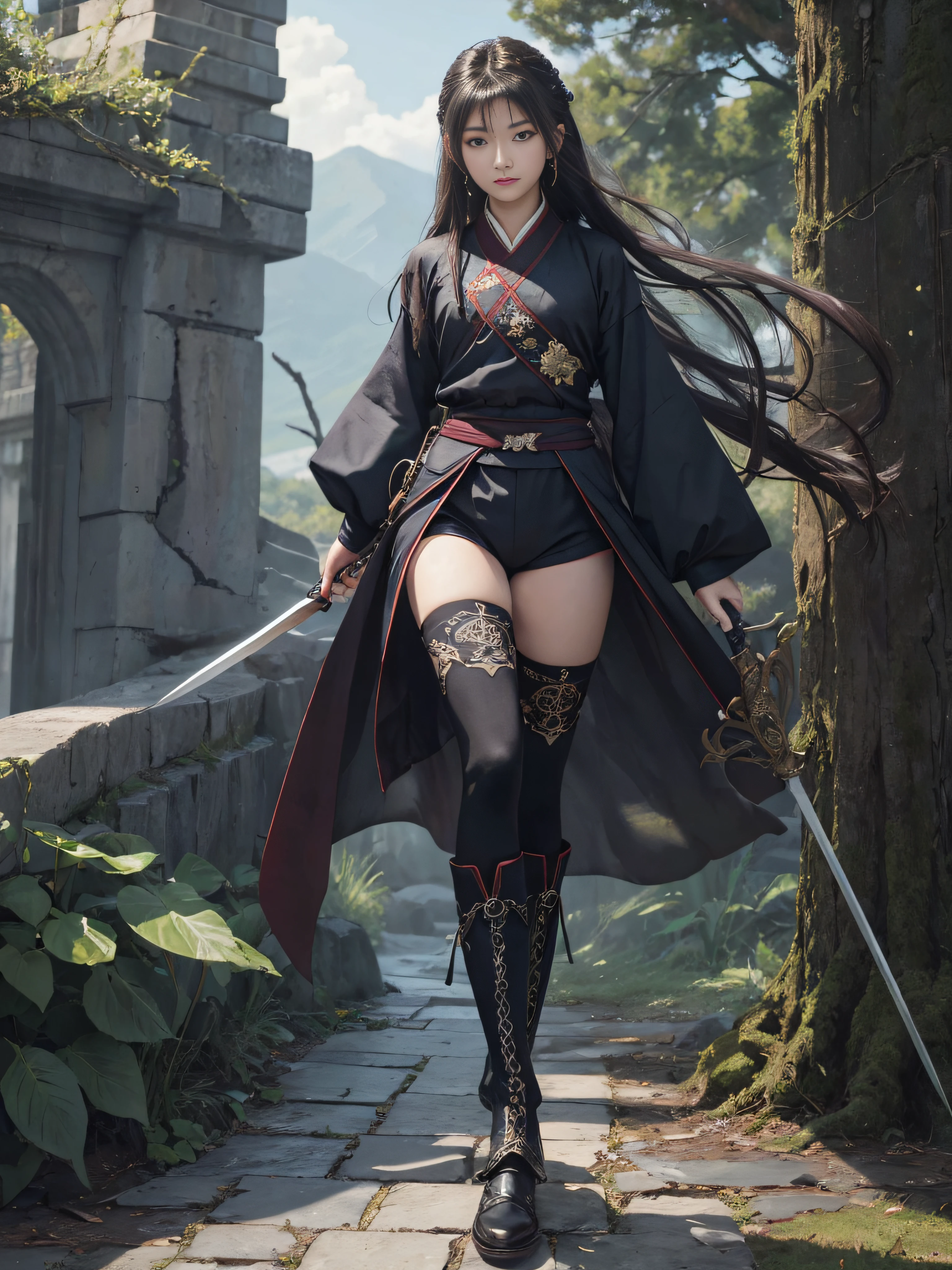 Royal sister，swordsmen，Big sister type，Oriental women，gallant woman，Cold sass，tmasterpiece，A high resolution,,Absolutely beautiful,，looking toward the viewer，frontage，（Wide buttock：1.3），（Thick legs：1.4），are standing，exquisitedetails,A high resolution,Wallpapers,1female,独奏,，enchanted， cruel grin，ancient wind，Hanfu,，Black all over，dark，is wearing a shorts，Wear boots，Wear knee-length cotton socks，Ro socks，embroidery, natural poses,standing on your feet， Fanning，16K，HDR，A high resolution，depth of fields，Bocoon，prime time，Vignette，rainbowing