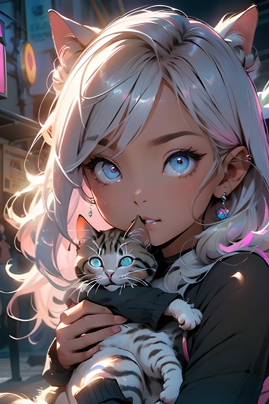 melancholy lighting, Pegar leve, calma, brilho, obra-prima, melhor qualidade, 1girl, (JinxLol:1.2), (ultra fotorrealista |:1.3), (obra-prima:1.4), melhor qualidade, ((realista)), alta qualidade, Ultra Detalhado, ((imagem real)), ((pele realista)), ((Rosto realista)),(illustration:1.05), (Linda:1.05), (belos olhos detalhados:1.05), (cinematiclight:1.1), rosa pink nos detaques, Cute kitten in arms , neon em destaque