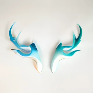 A pair of blue and white ceramic bird wings on white background, oni horns, short antlers, sword antlers, Horns, thin antlers, Small horns, Two horns, deer antlers, cute horns, demon white horns, deer ear, devil horns, Horns. Dark colors, banya, teal ethereal tendril wings, Rocky Corner, White horns, Long horns, short horns, pointy-eared