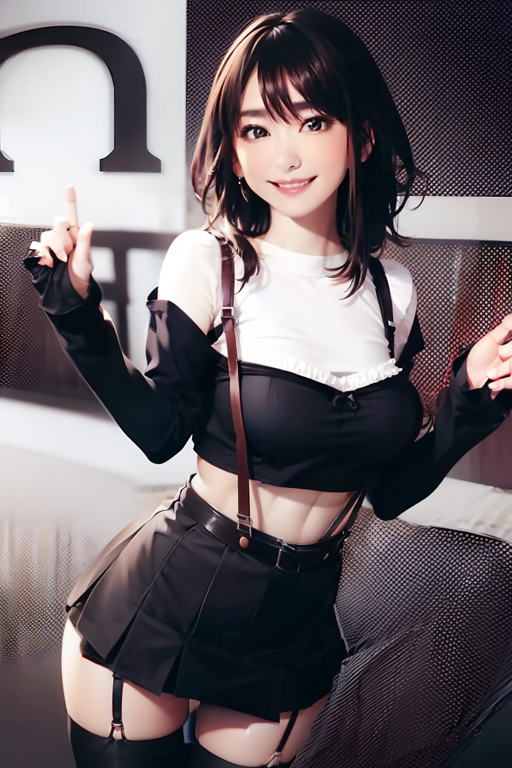 Colossal tits suspenders garters A smile Black stockings Black tank top a miniskirt Brown hair Gray eyes flank raise two hands flank abdominals