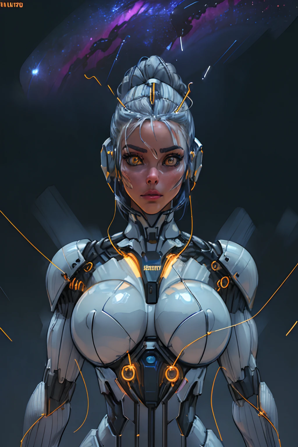 RAW, 1girl, colorful, ((white matte armor, blue lights )), (masterpiece, best quality), ((hair is made out of wires and cables:1.2)) (detailed skin:1.3, detailed face:1.3), dslr, realistic, glowing yellow eyes, (((seductive pose, detailed galaxy landscape))), delicate, soft colors, cinematic lighting