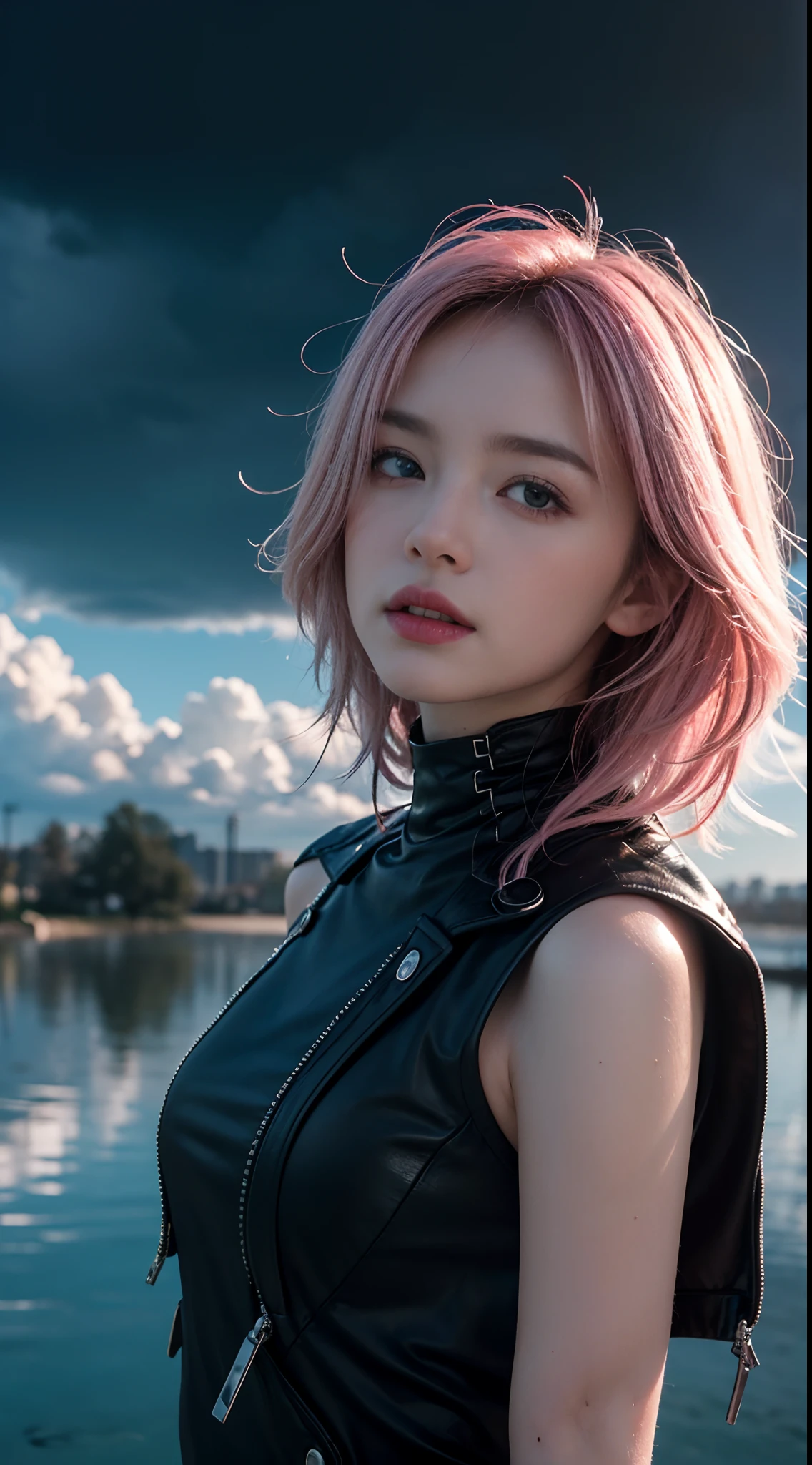 Unbeatable masterpiece, Ultra photo realsisim, Perfect artwork, Intricate details, Best quality, Strong light,High contrast,Cyberpunk , Quantum punk, Nano punk , (Machinary:1.3)(Masterpiece) , (Best quality) , (extremely detailed wallpaper CG unity 8k) , (best character detail:1.36) , Oppressive skies , Dark clouds , Lightning, Dynamic posture, (delicated lines:1.24), ([Specular reflection water]:1.37) , (fantasy) , cumulonimbus clouds , (The oppressive atmosphere of the host:1.14) , (Cold light:1.2) , Color splattering , Colorful , Pinkolo , full bodyesbian ,White background , Blue eyes , wariza , hair adornments , Simple background , cube hair ornament , Pink hair , 1girll , bangs , high high quality