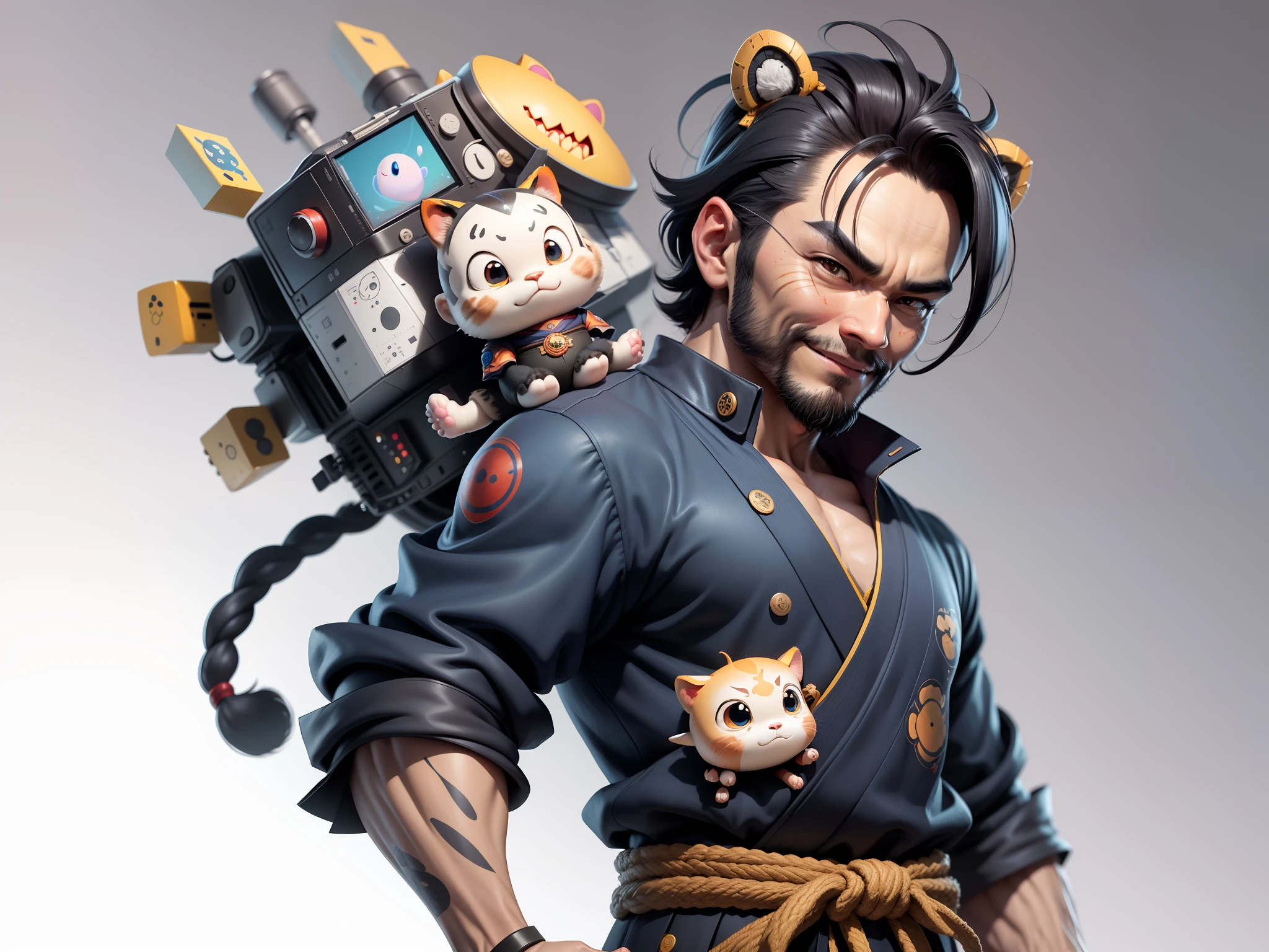 (Daisaku),(Need),(Super meticulous),(full bodyesbian:1.2),Super young man with Japanese geisha,Beautiful,orient,one tiger,Aeolian Thor,Raised sexy,爆乳,Oriental face,TV Anchor,Bust portrait illustration,In black suit,a blue tie,The face is slightly chubby,The face was clean,without a beard,Black super short hair,Black eyes,Smile confidently,3C computer sub-products,iPad, iphone,Digital painting,3D character design by Mark Clairen and Pixar and Hayao Miyazaki and Akira Toriyama,The illustration is a high-definition illustration in 4K resolution,With very detailed facial features and cartoon-style visuals。