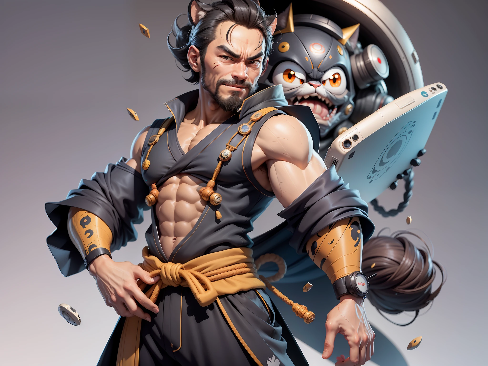 (Daisaku),(Need),(Super meticulous),(full bodyesbian:1.2),Super young man with Japanese geisha，Beautiful，orient，one tiger，Aeolian Thor，Raised sexy，爆乳，Oriental face，TV Anchor，Bust portrait illustration，In black suit，a blue tie，The face is slightly chubby，The face was clean，without a beard，Black super short hair，Black eyes，Smile confidently，3C computer sub-products，iPad， iphone，Digital painting，3D character design by Mark Clairen and Pixar and Hayao Miyazaki and Akira Toriyama，The illustration is a high-definition illustration in 4K resolution，With very detailed facial features and cartoon-style visuals。
