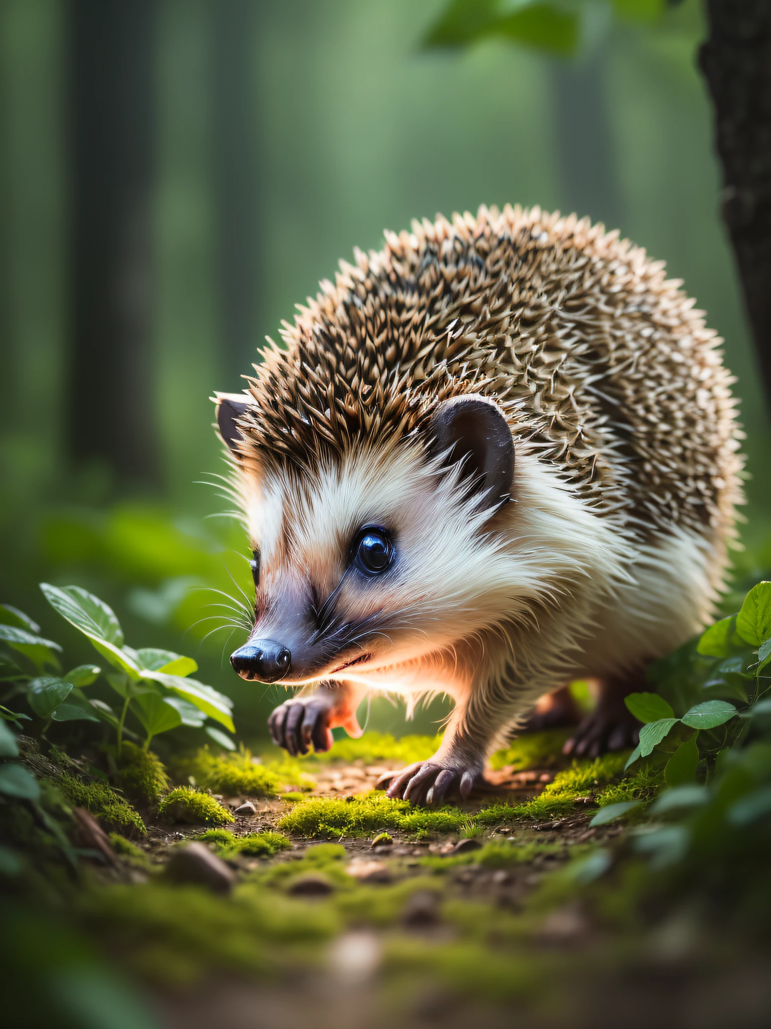 Close-up photo of hedgehog in enchanted forest, night, firefly, volumetric fog, halation, bloom, dramatic atmosphere, center, rule of thirds, 200mm 1.4F macro shot